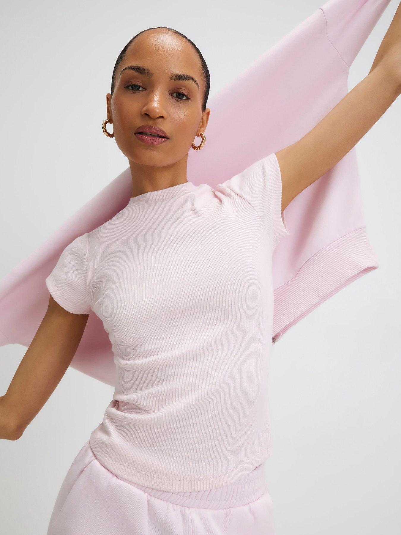 River Island: Short Sleeve Fitted Ribbed Top - Pink