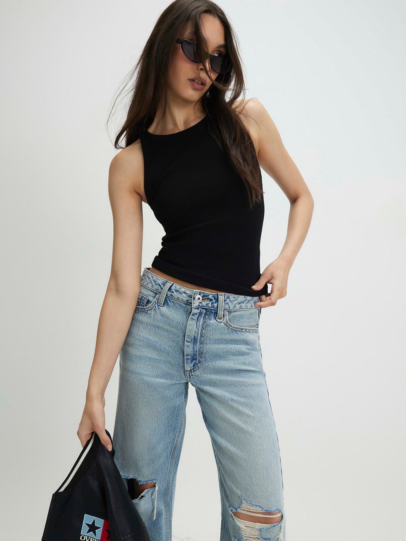 River Island: Short Rib Strappy Tank - Black