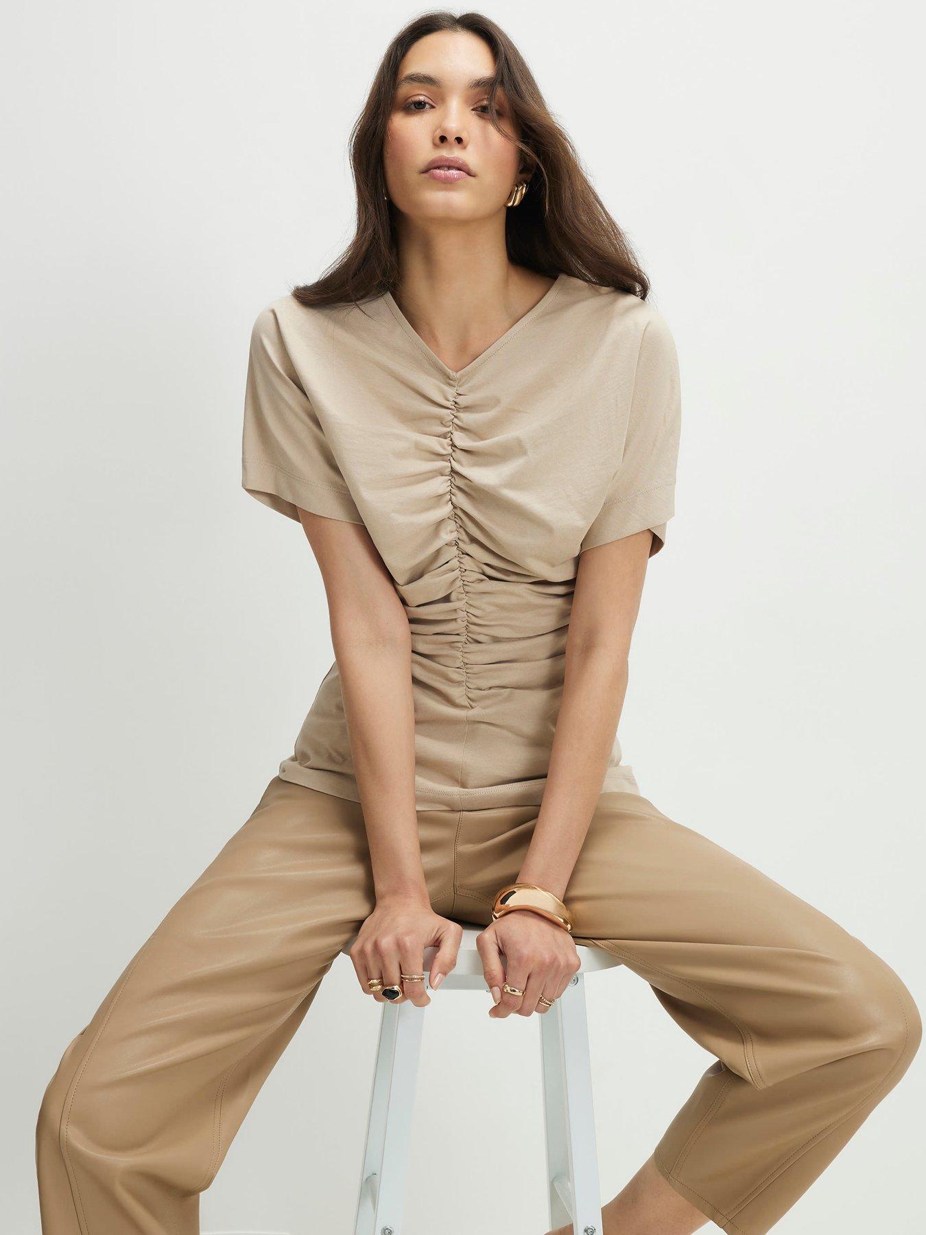 Image 1 of 4 of River Island Short Sleeve Ruched Front T-Shirt - Beige