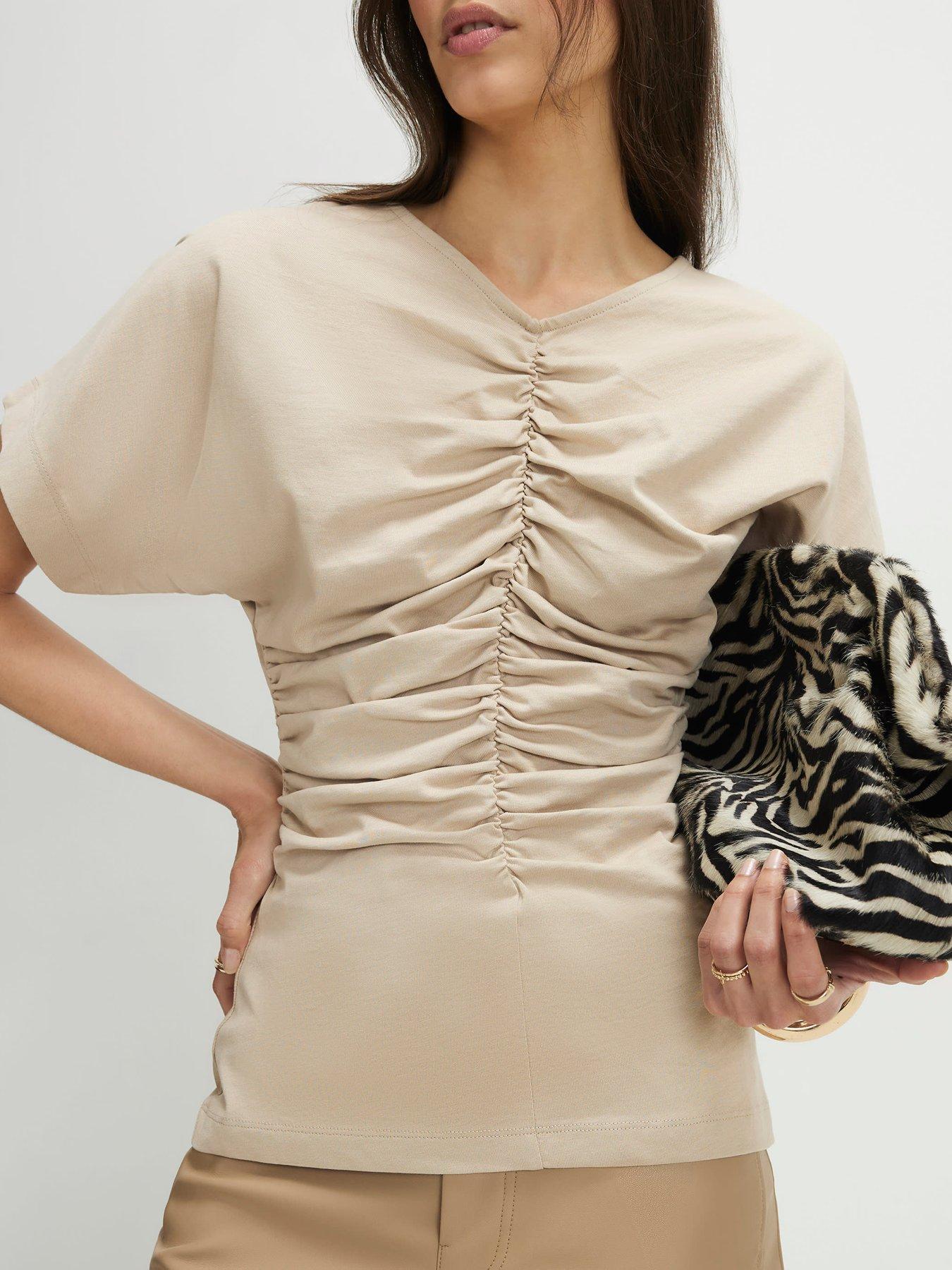 Image 4 of 4 of River Island Short Sleeve Ruched Front T-Shirt - Beige