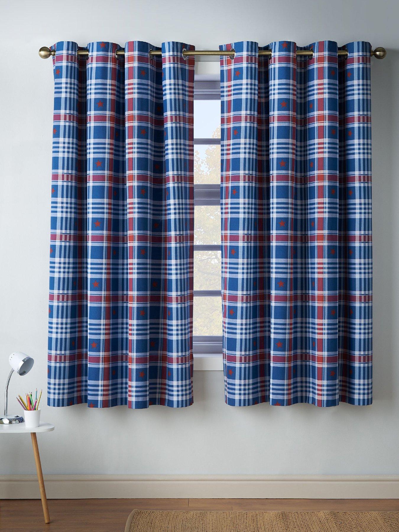 Catherine Lansfield Stars And Check Curtains 66X72 Inch Blue