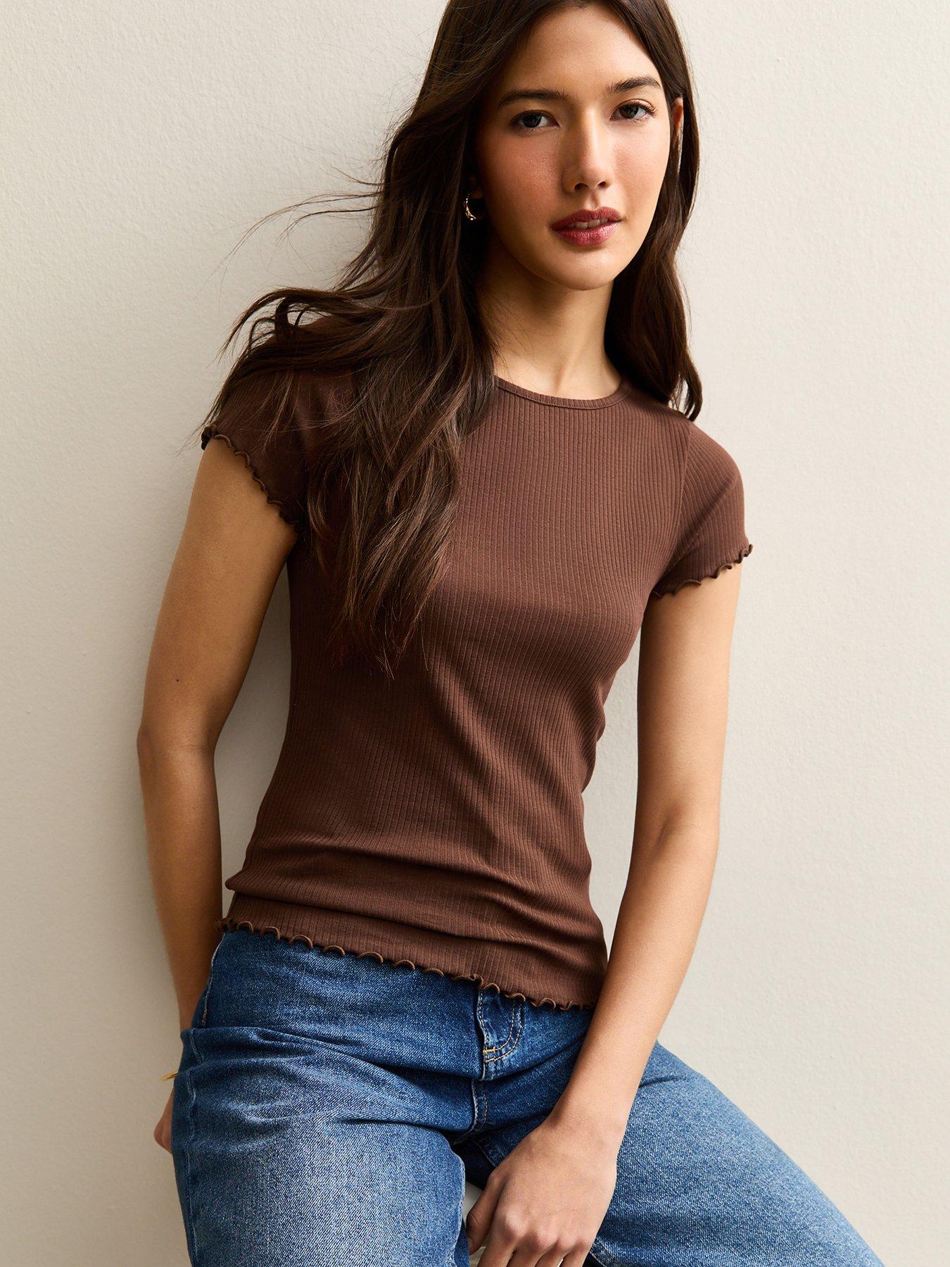 New Look Short Sleeve Frilly Trimmed Top - Dark Brown
