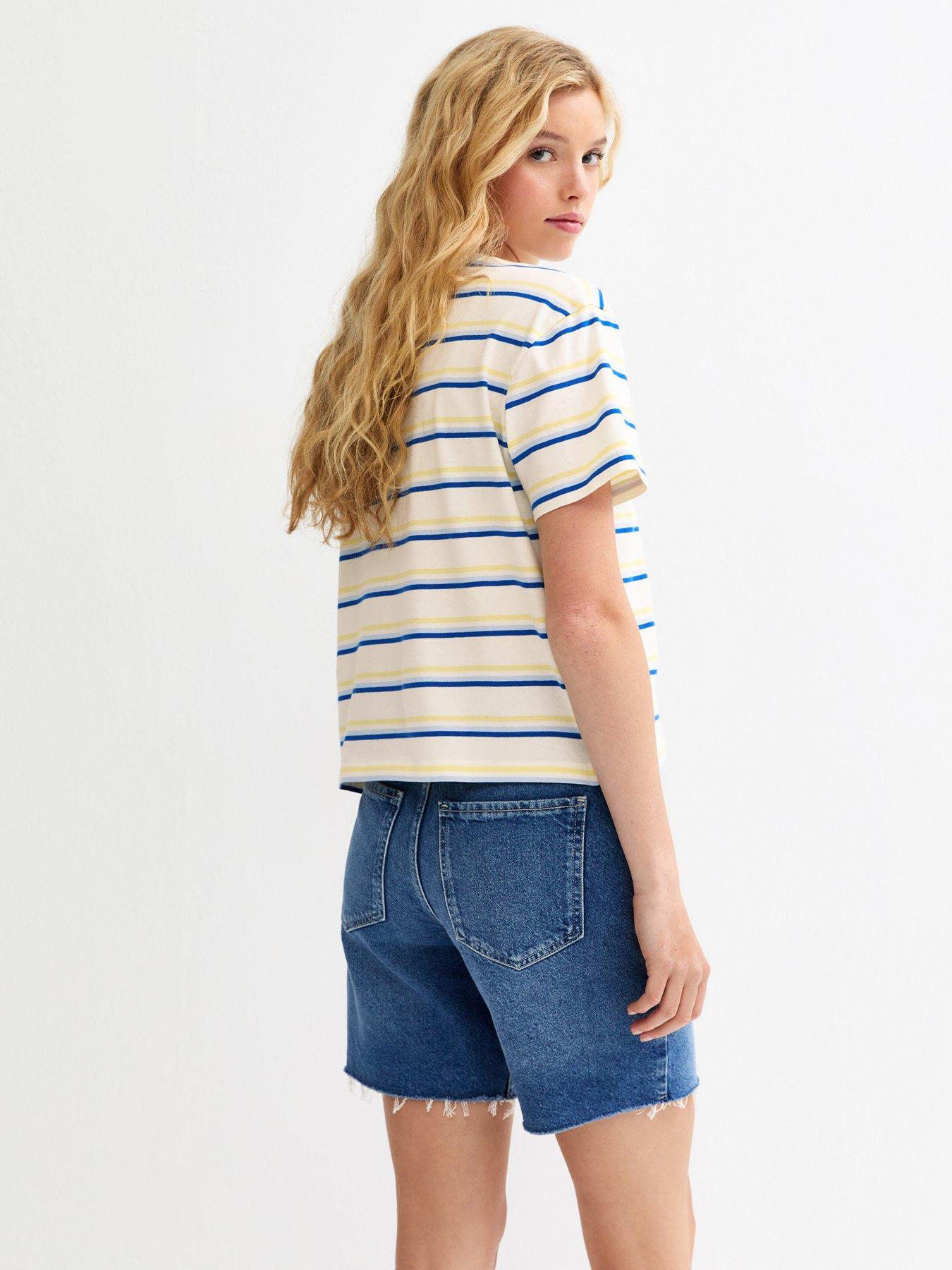 Image 2 of 5 of New Look White Striped Boxy Fit T-Shirt - Cream