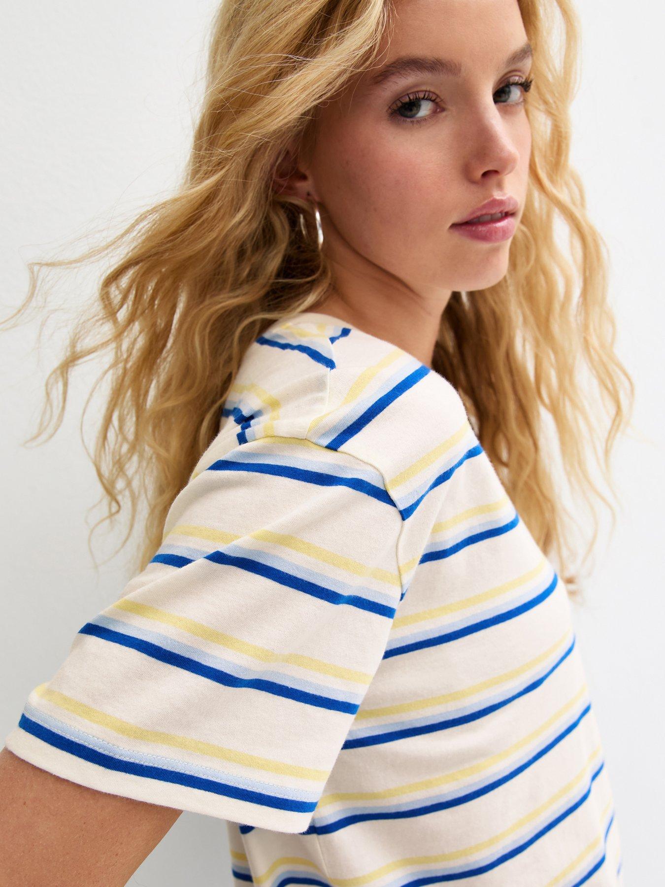 Image 4 of 5 of New Look White Striped Boxy Fit T-Shirt - Cream