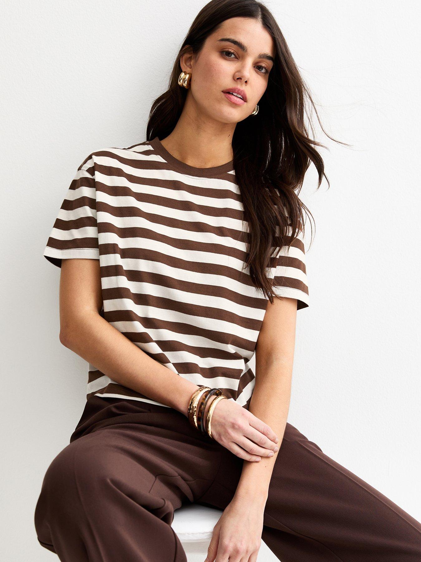 Image 1 of 5 of New Look Cotton Striped Boxy T-Shirt - Brown