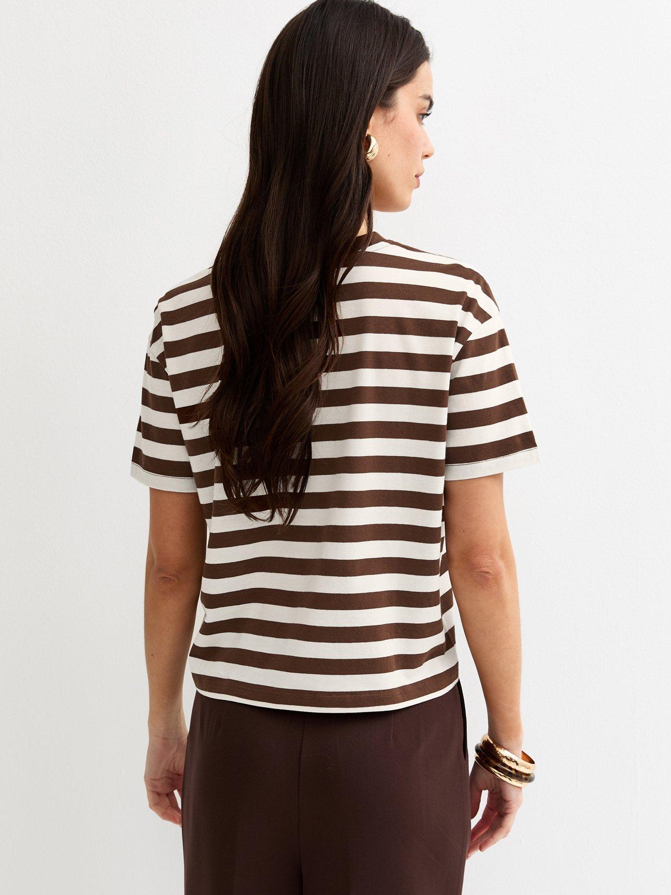 Image 2 of 5 of New Look Cotton Striped Boxy T-Shirt - Brown