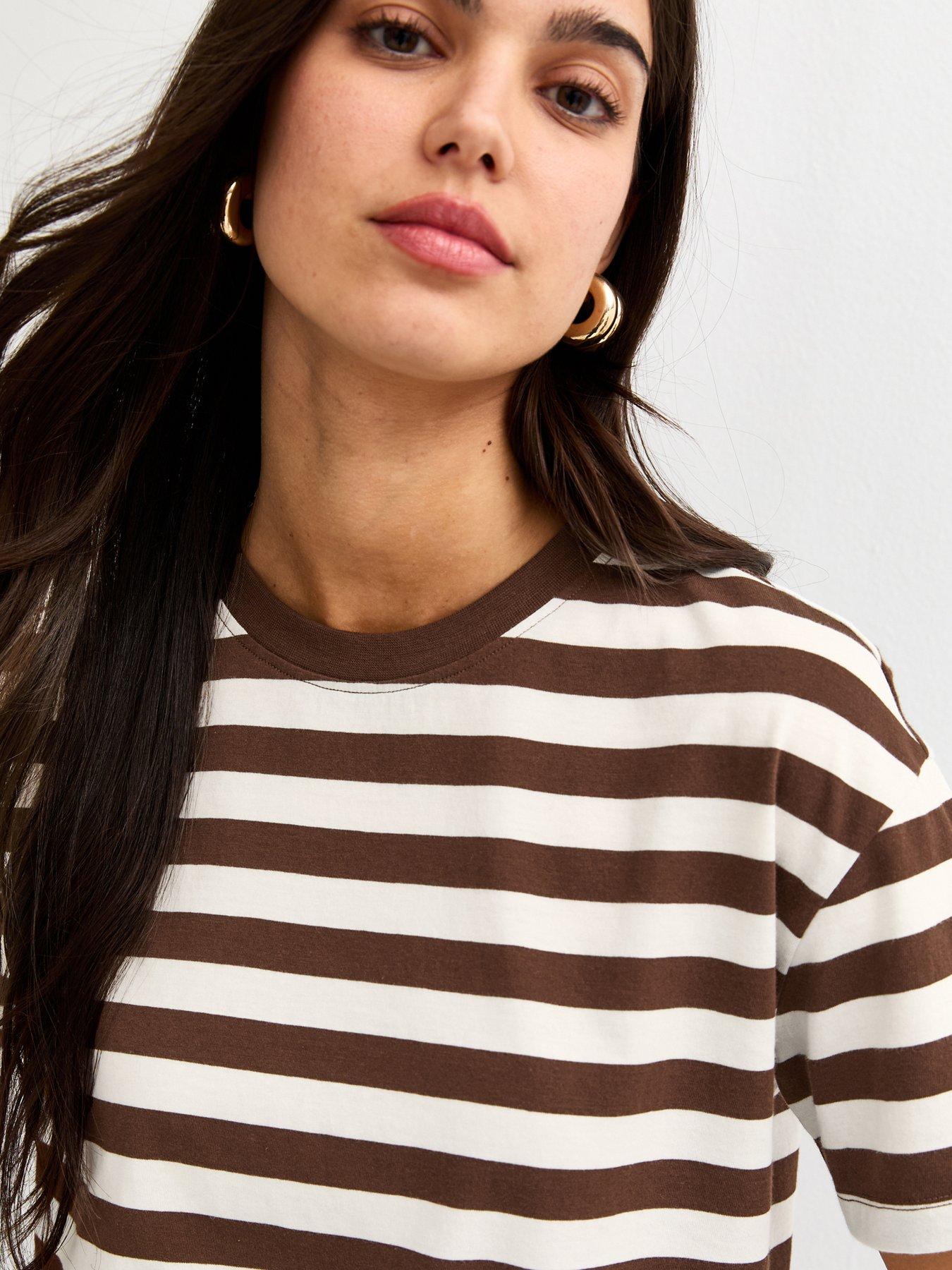 Image 4 of 5 of New Look Cotton Striped Boxy T-Shirt - Brown