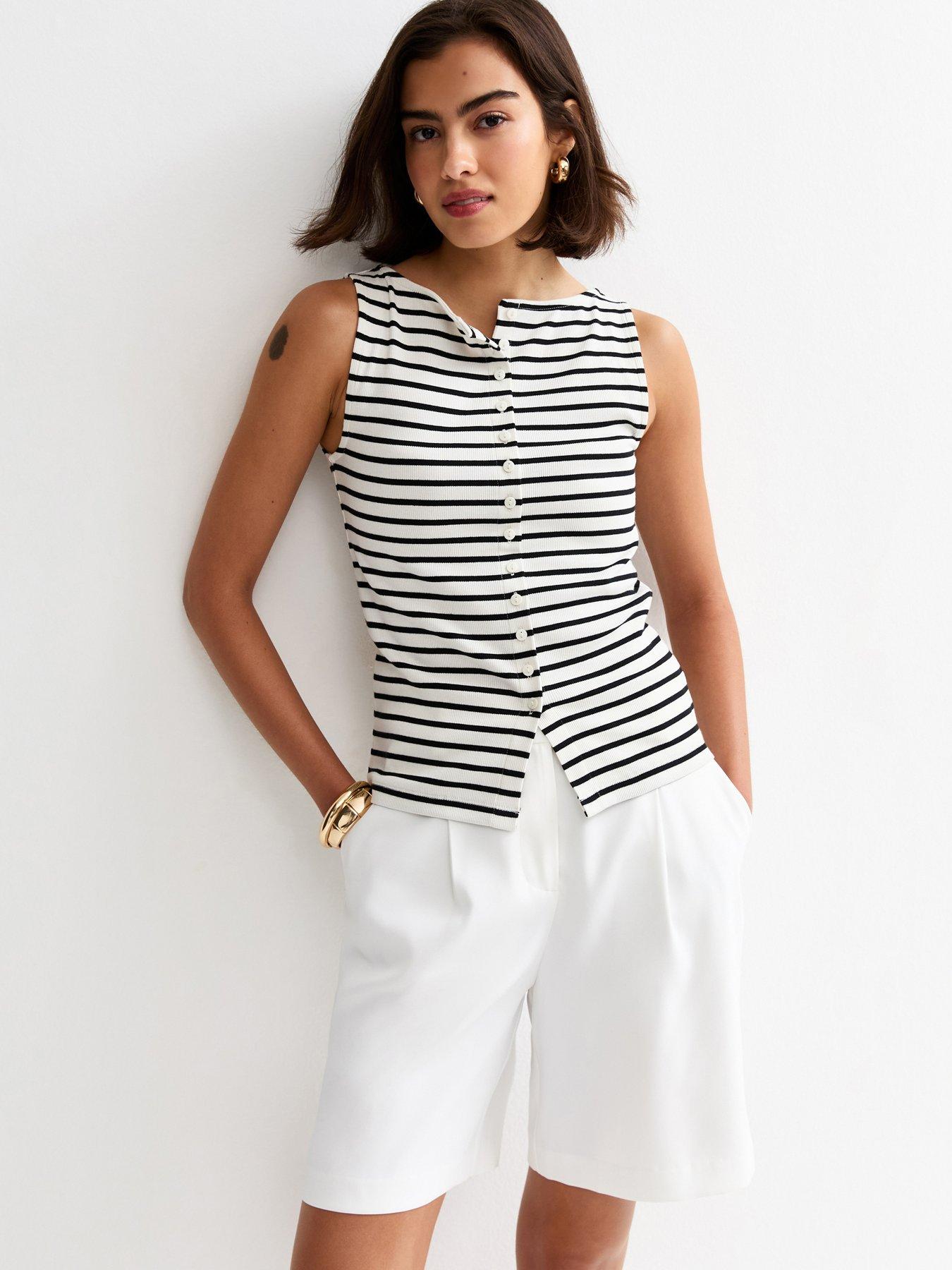 New Look Striped Button Through Tank Top - Black