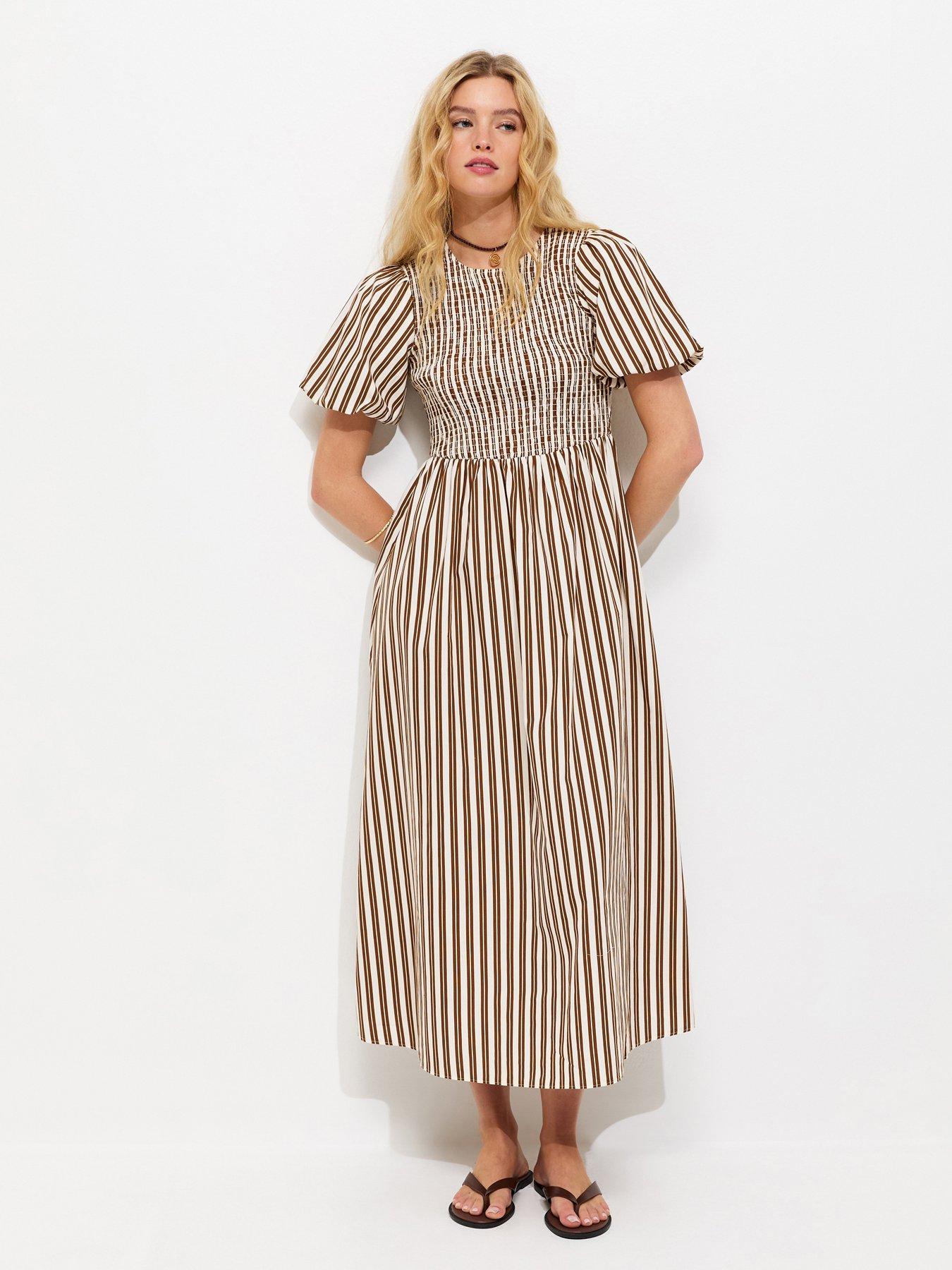 brown stripe midi dress New Look Striped Puff Sleeves Shirred Smock - Vintage Blue Carnival Glass Viniodress-fall-1 Size:38 EU / 5 UK / 6 US Its got everything you