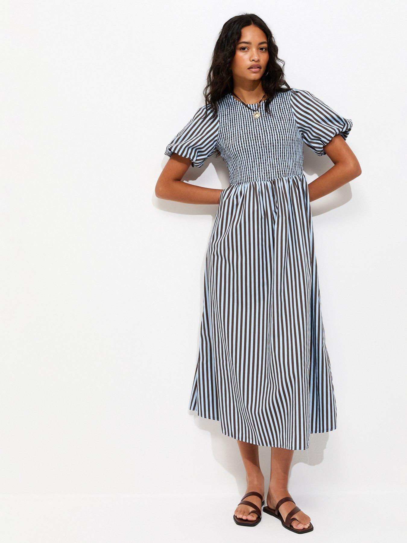New Look: Cotton Striped Shirred Midi Dress - Blue