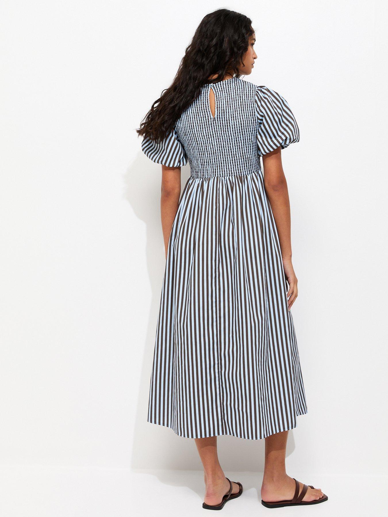 white christmas dresses Blue & White Floral Cotton Shirred Midi Dress