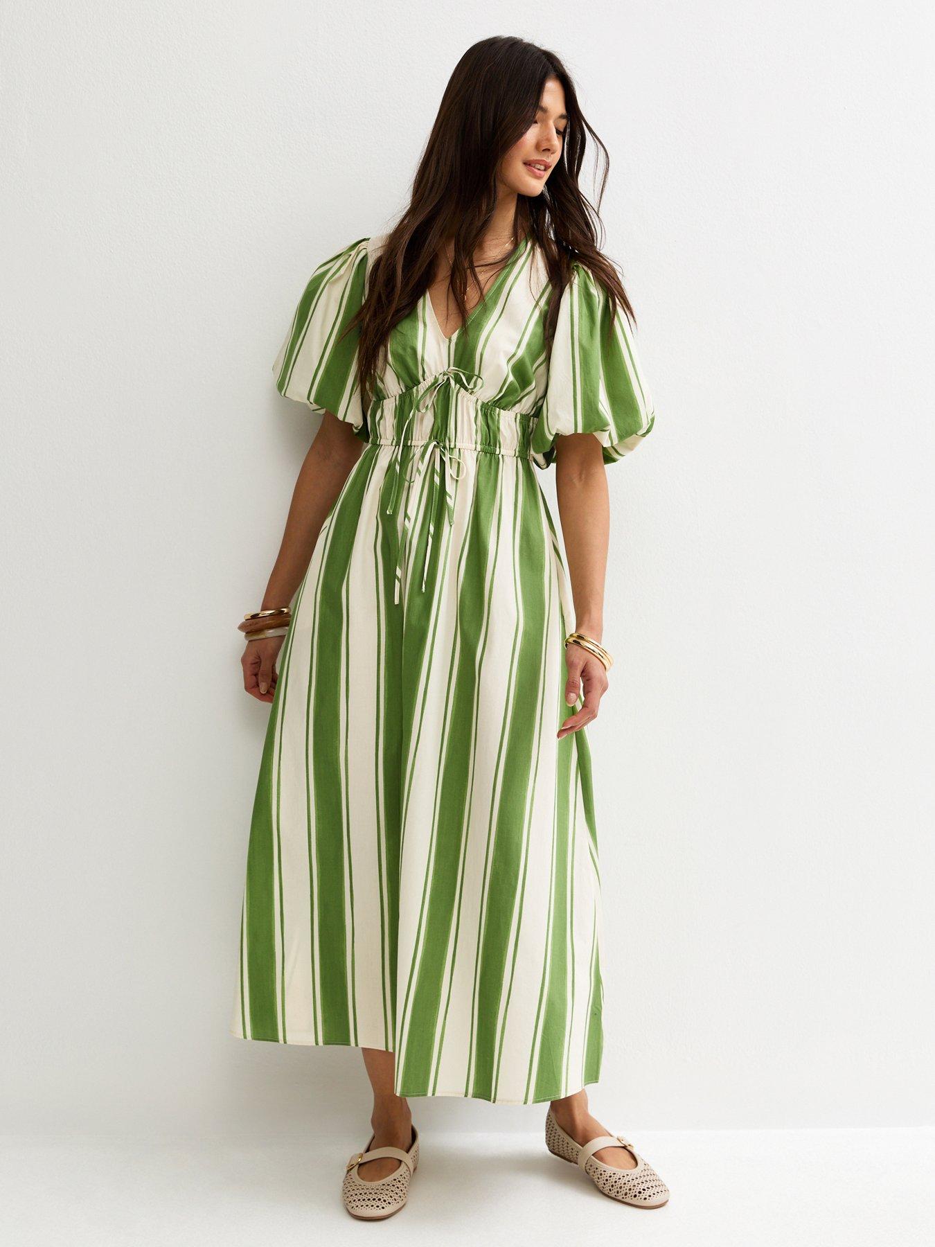 New Look Striped Puff Sleeve Midi Dress - Green/Cream