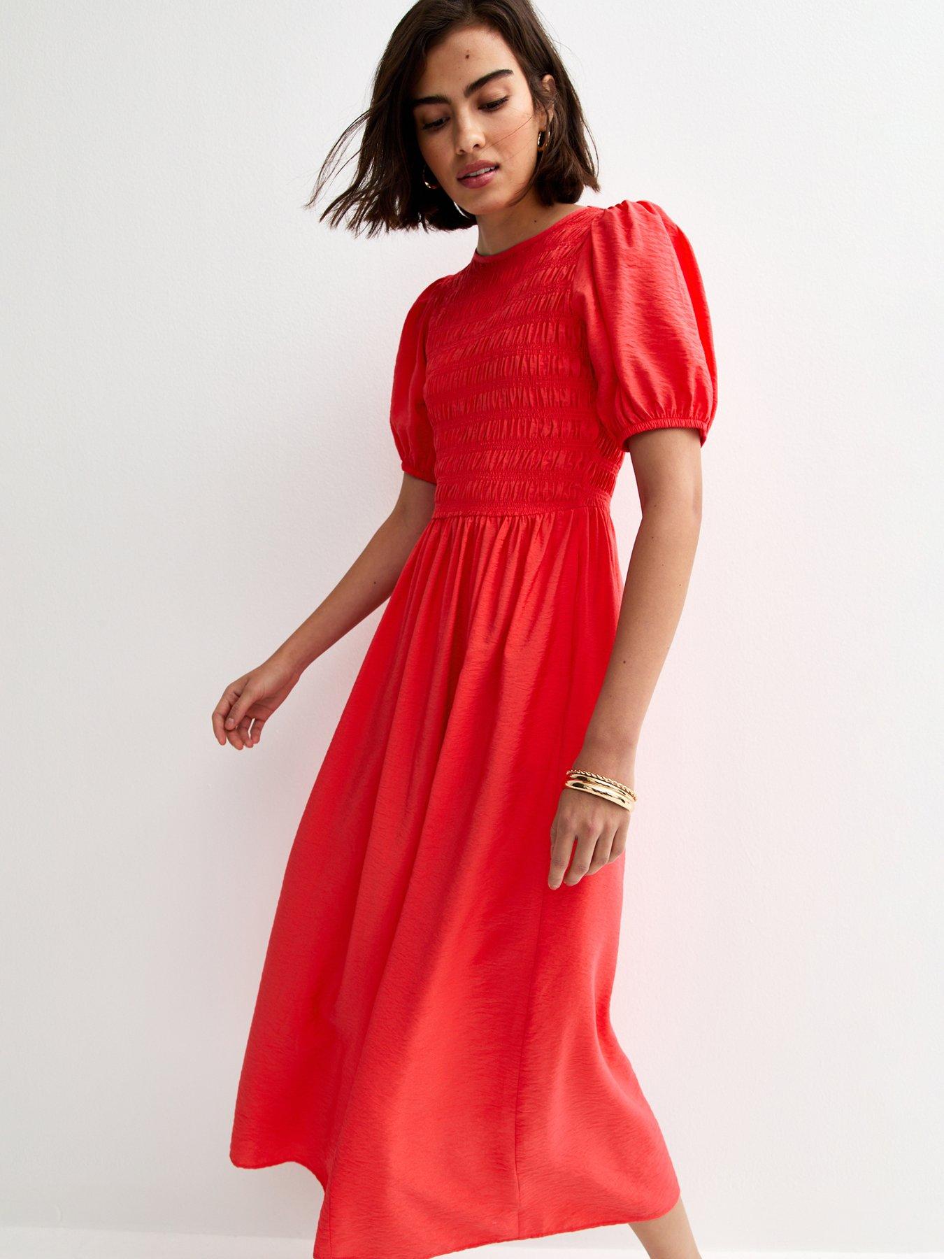 knee length dresses for ladies Red Shirred Bodice Ingrid Midi Dress