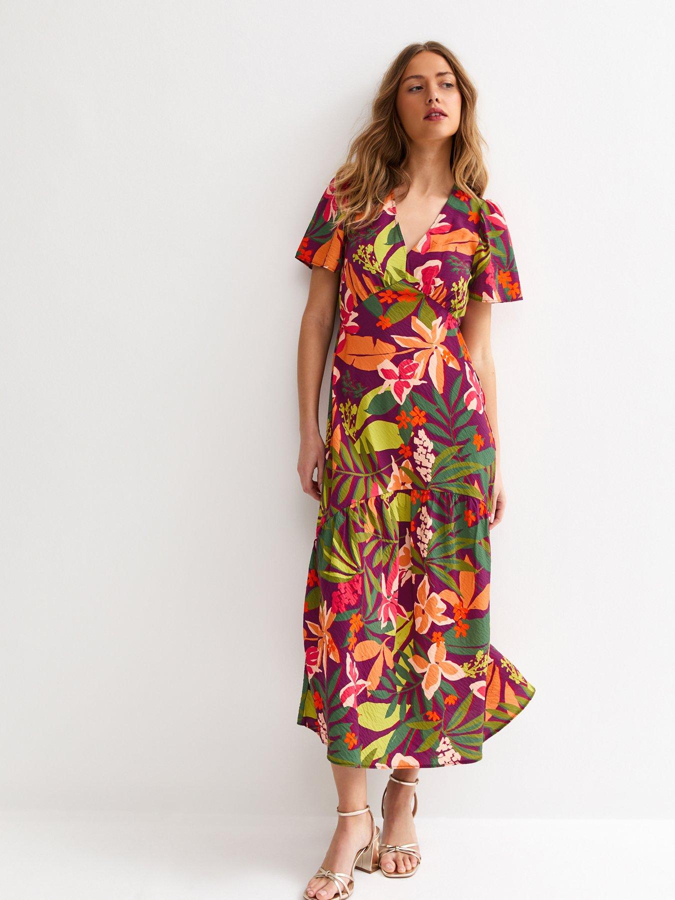 New Look Crinkle Texture Leaf Print Tiered Midi Tea Dress - Purple
