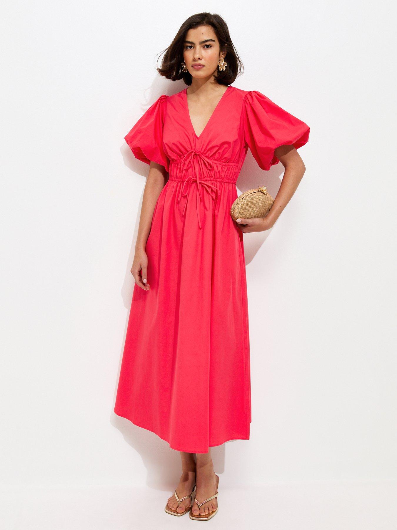 New Look Dark Coral Cotton Puff Sleeve Midi Dress - Orange | Very