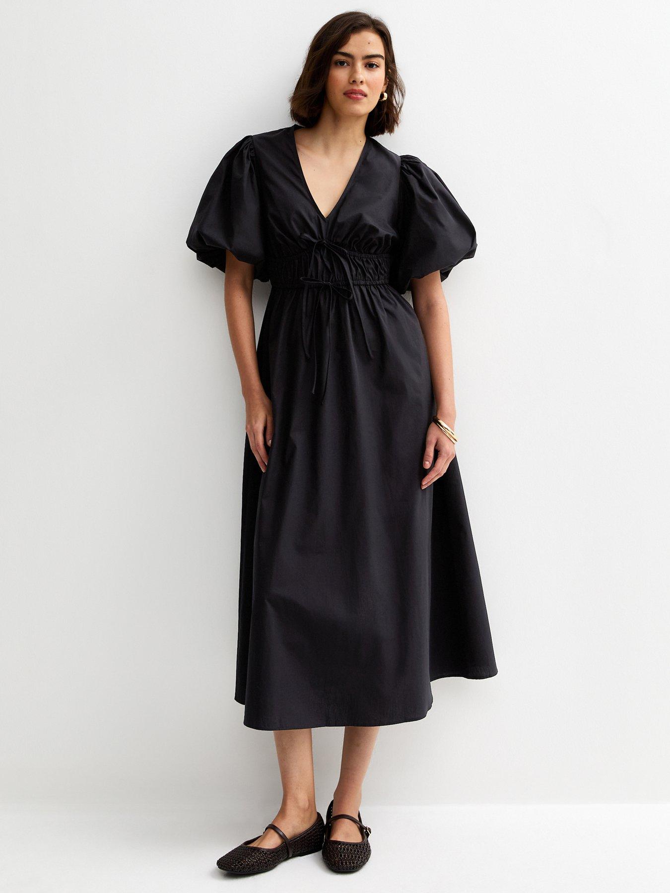 Image 1 of 6 of New Look Cotton Puff Sleeve Midi Dress - Black