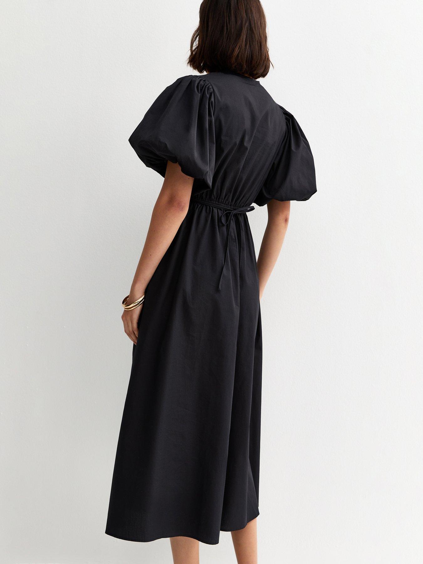 Image 2 of 6 of New Look Cotton Puff Sleeve Midi Dress - Black