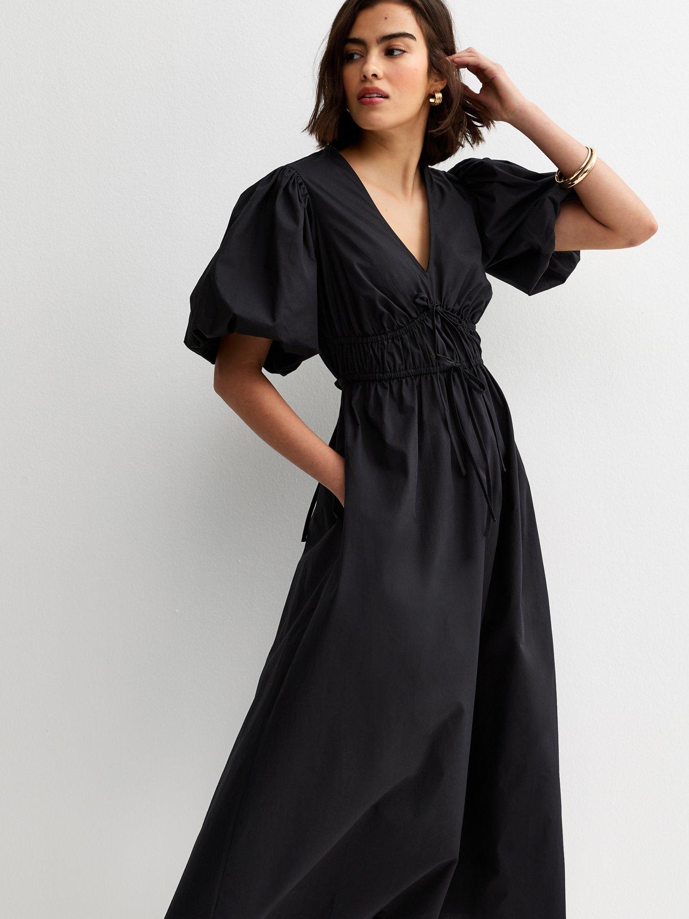 Image 3 of 6 of New Look Cotton Puff Sleeve Midi Dress - Black