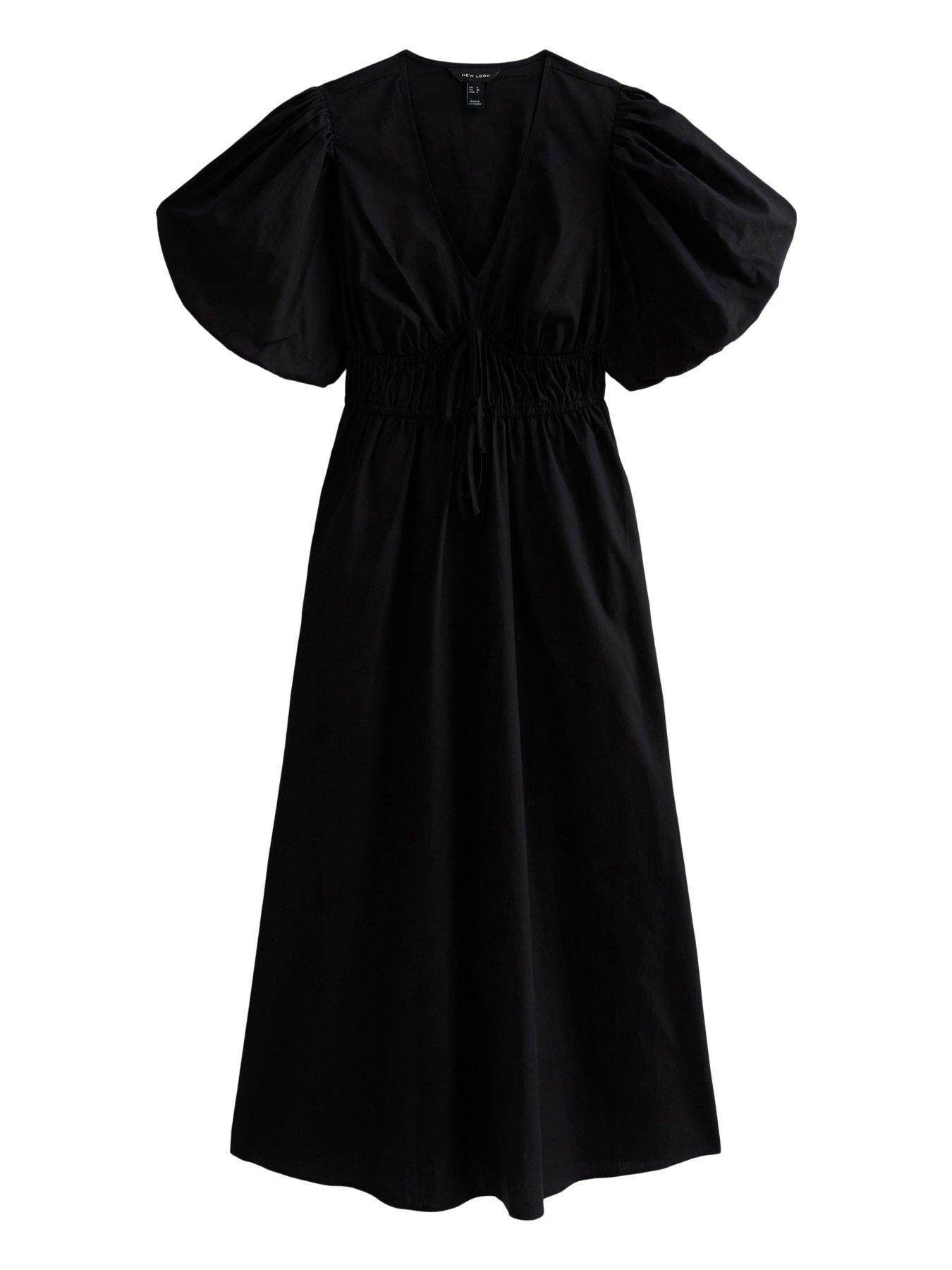 Image 5 of 6 of New Look Cotton Puff Sleeve Midi Dress - Black
