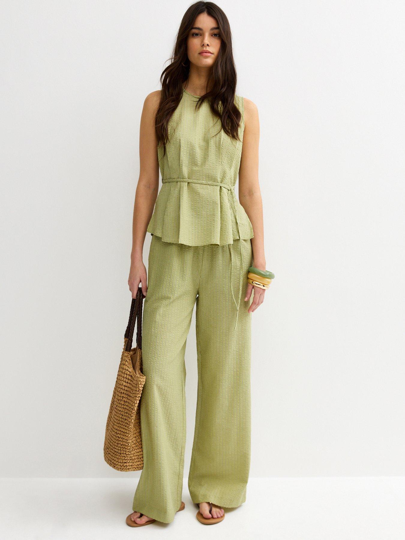 New Look Striped Seersucker Wide Leg Trousers - Green