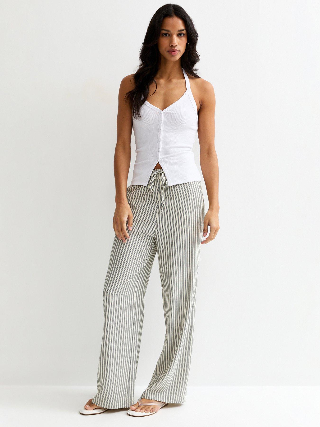 New Look Striped Seersucker Wide Leg Trousers - Cream