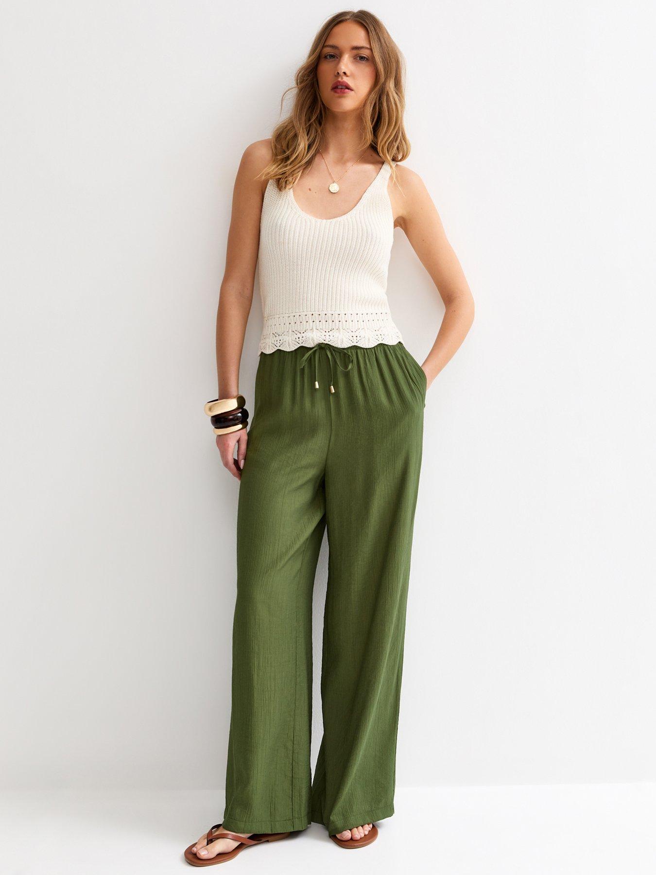 Image 1 of 6 of New Look Khaki Crinkle Wide Leg Trousers - Green