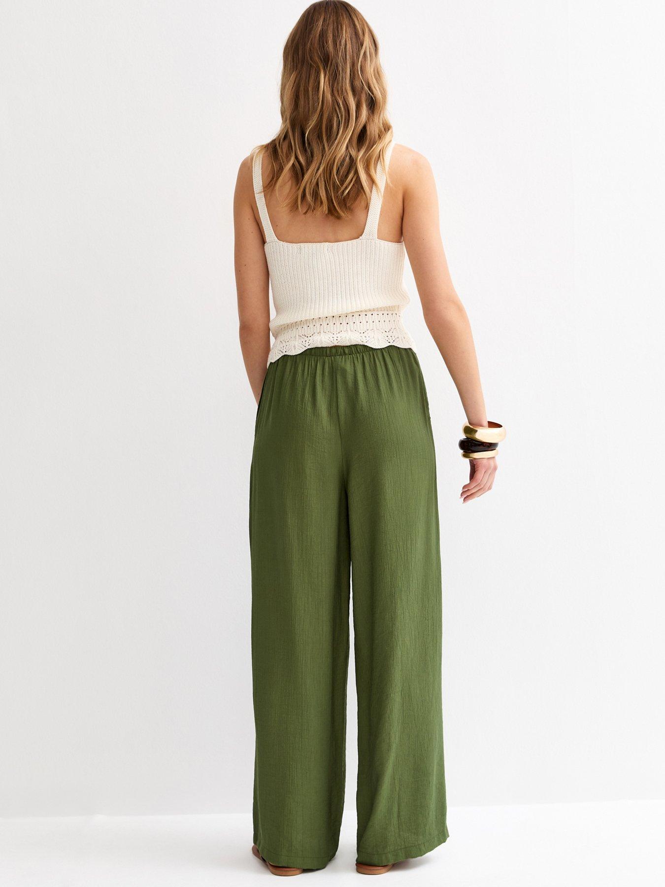 Image 2 of 6 of New Look Khaki Crinkle Wide Leg Trousers - Green