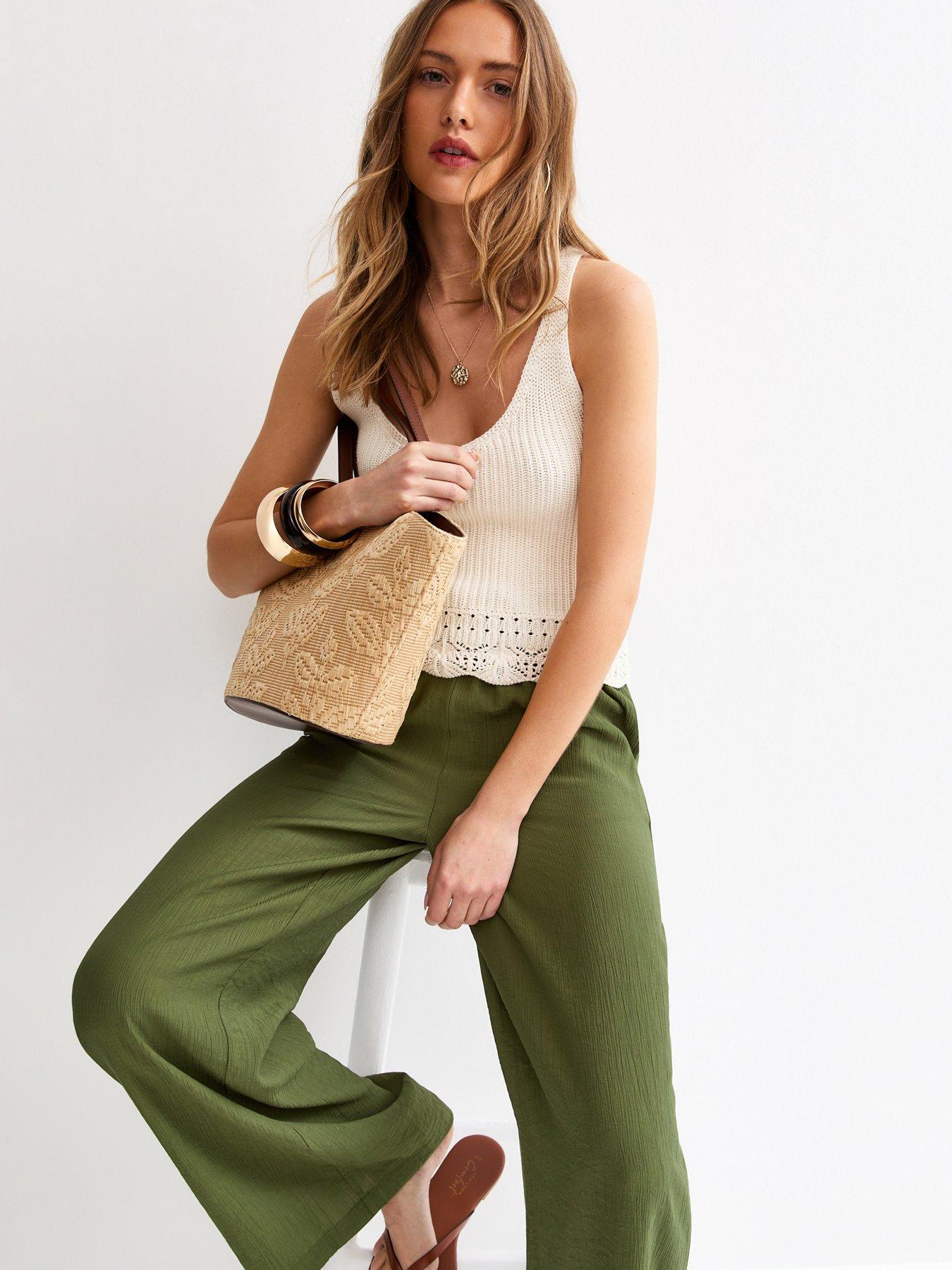 Image 3 of 6 of New Look Khaki Crinkle Wide Leg Trousers - Green