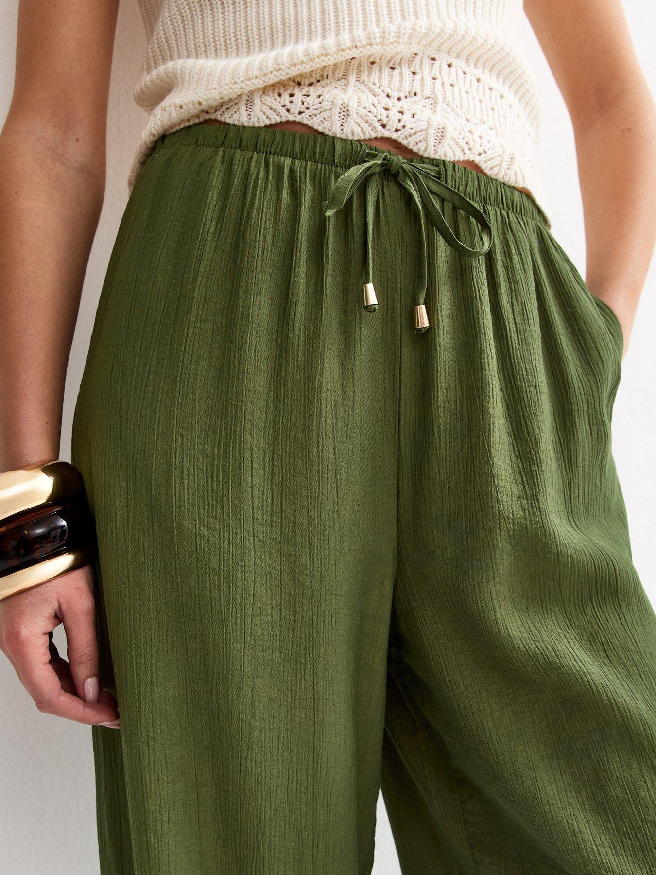 Image 4 of 6 of New Look Khaki Crinkle Wide Leg Trousers - Green