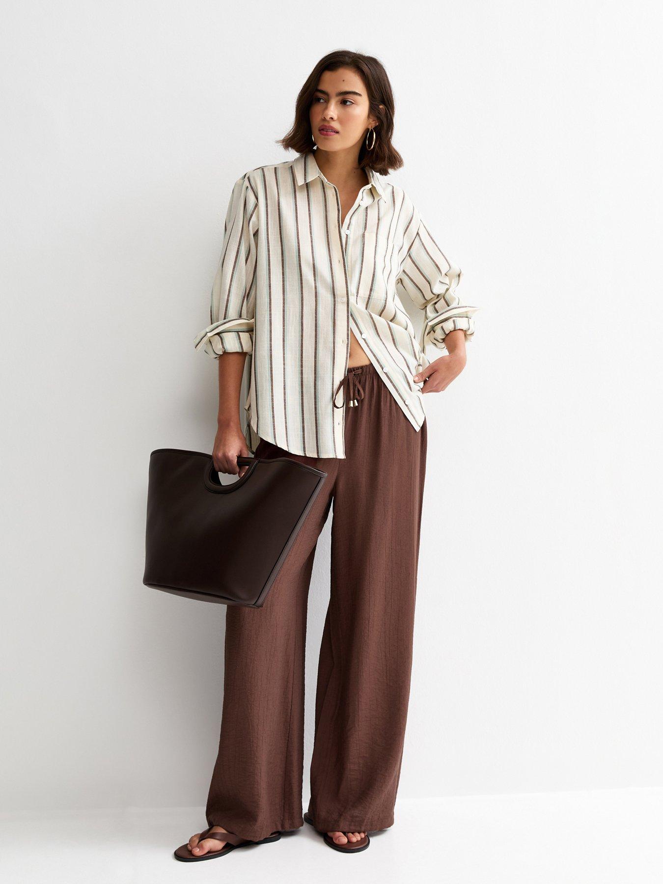 New Look Crinkle Wide Leg Trousers - Dark Brown