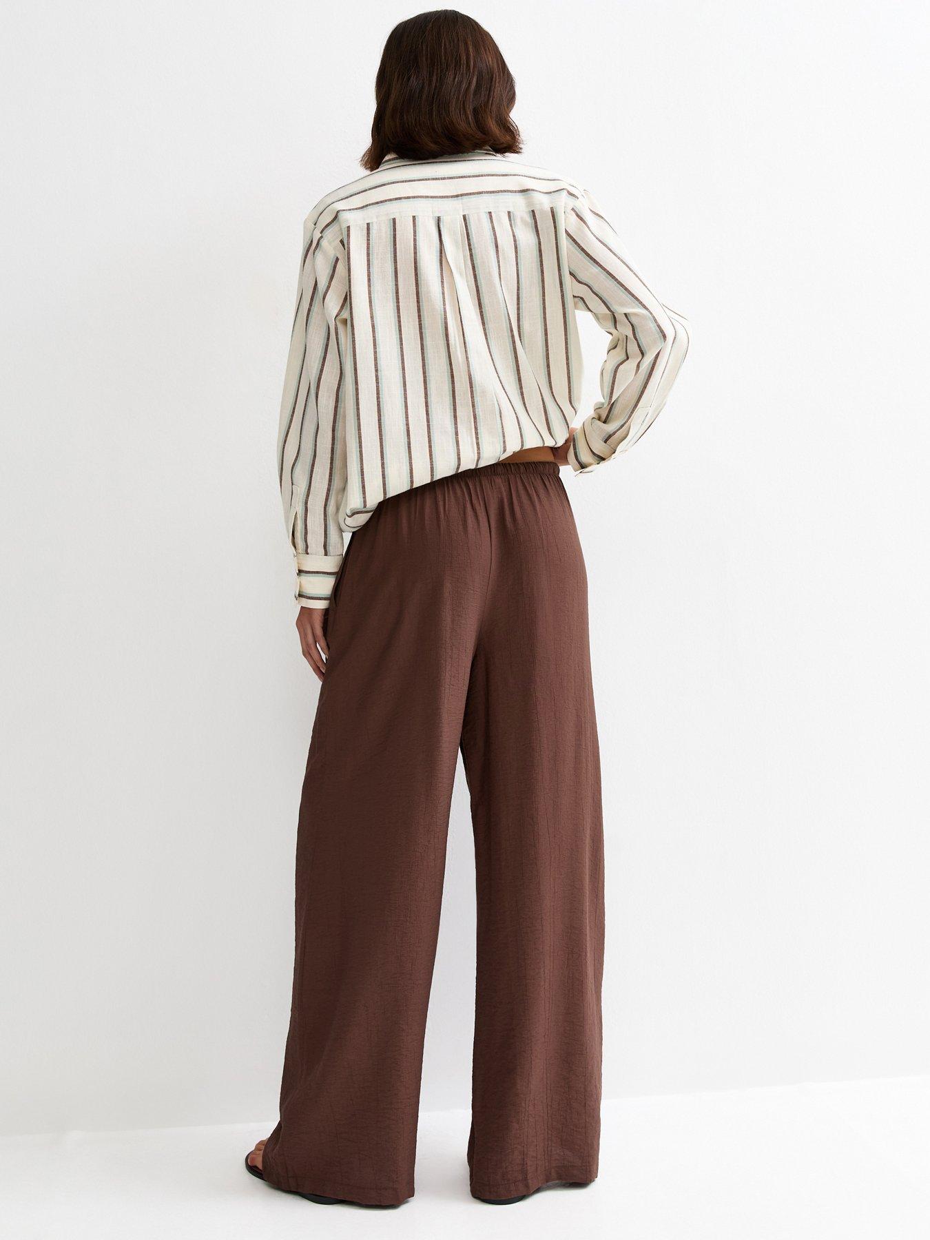 Image 2 of 6 of New Look Dark Brown Crinkle Wide Leg Trousers