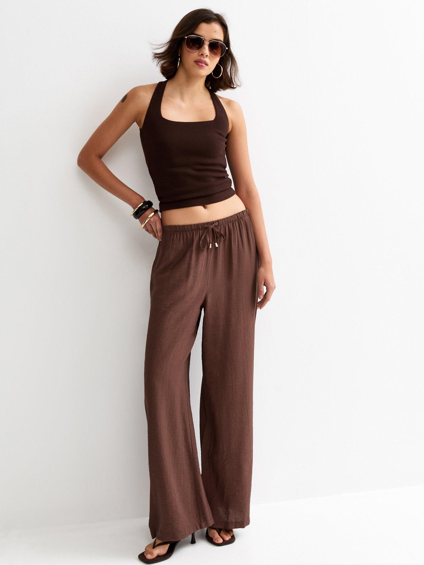 Image 3 of 6 of New Look Dark Brown Crinkle Wide Leg Trousers