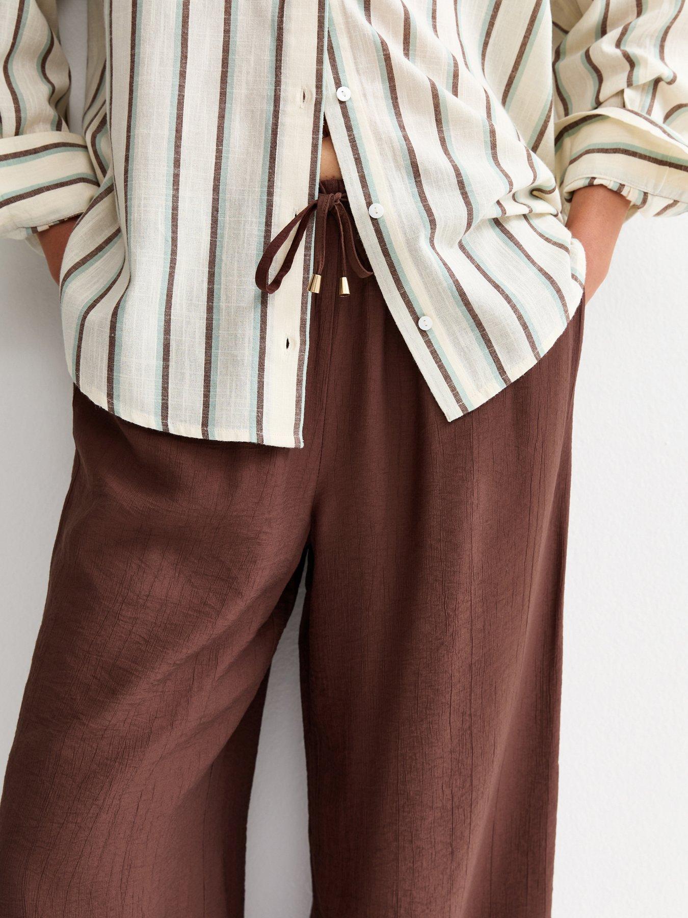 Image 6 of 6 of New Look Dark Brown Crinkle Wide Leg Trousers