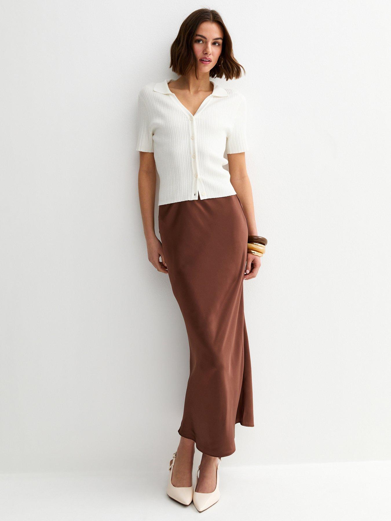 Image 1 of 5 of New Look Dark Brown Satin Bias Cut Midi Skirt