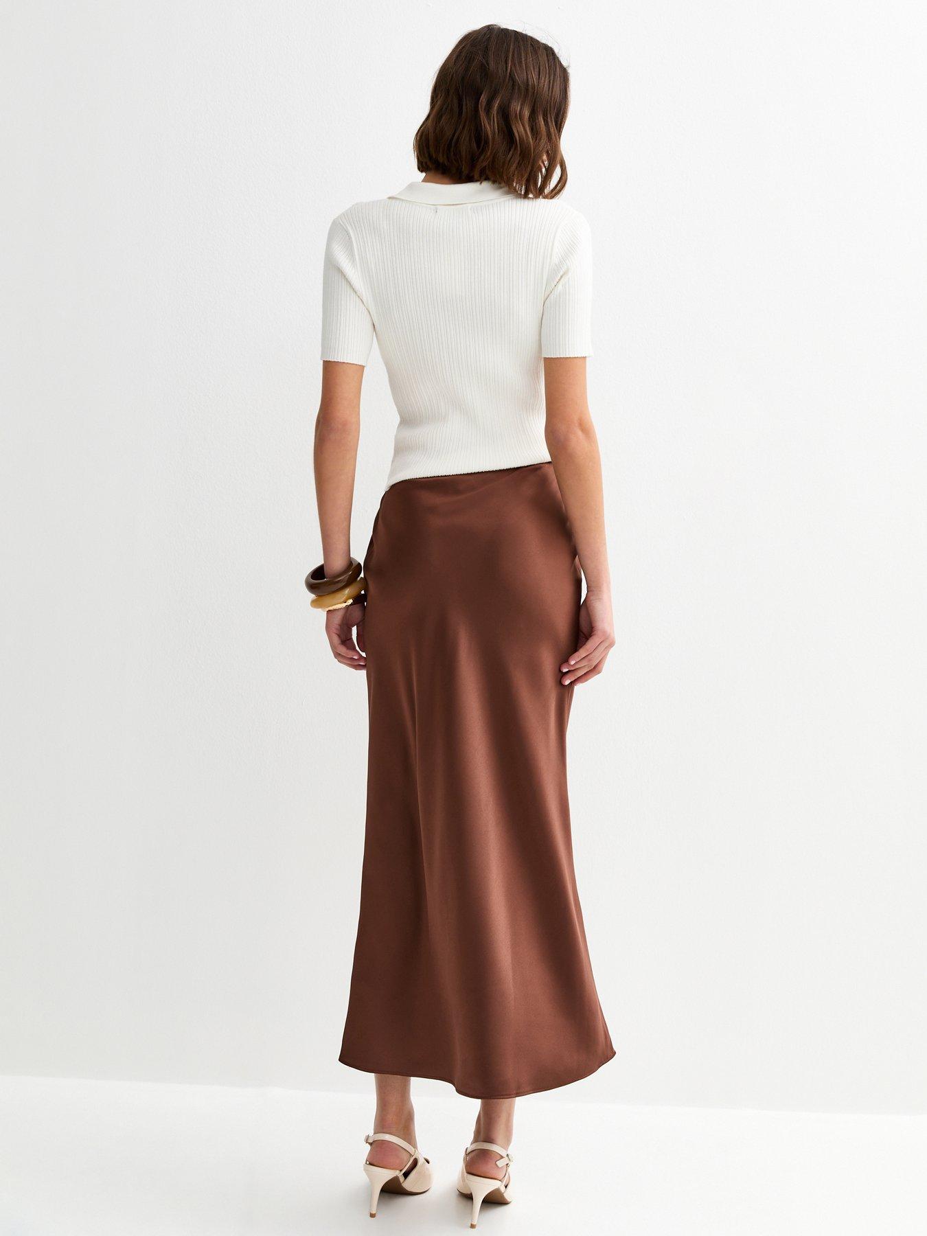 Image 2 of 5 of New Look Dark Brown Satin Bias Cut Midi Skirt