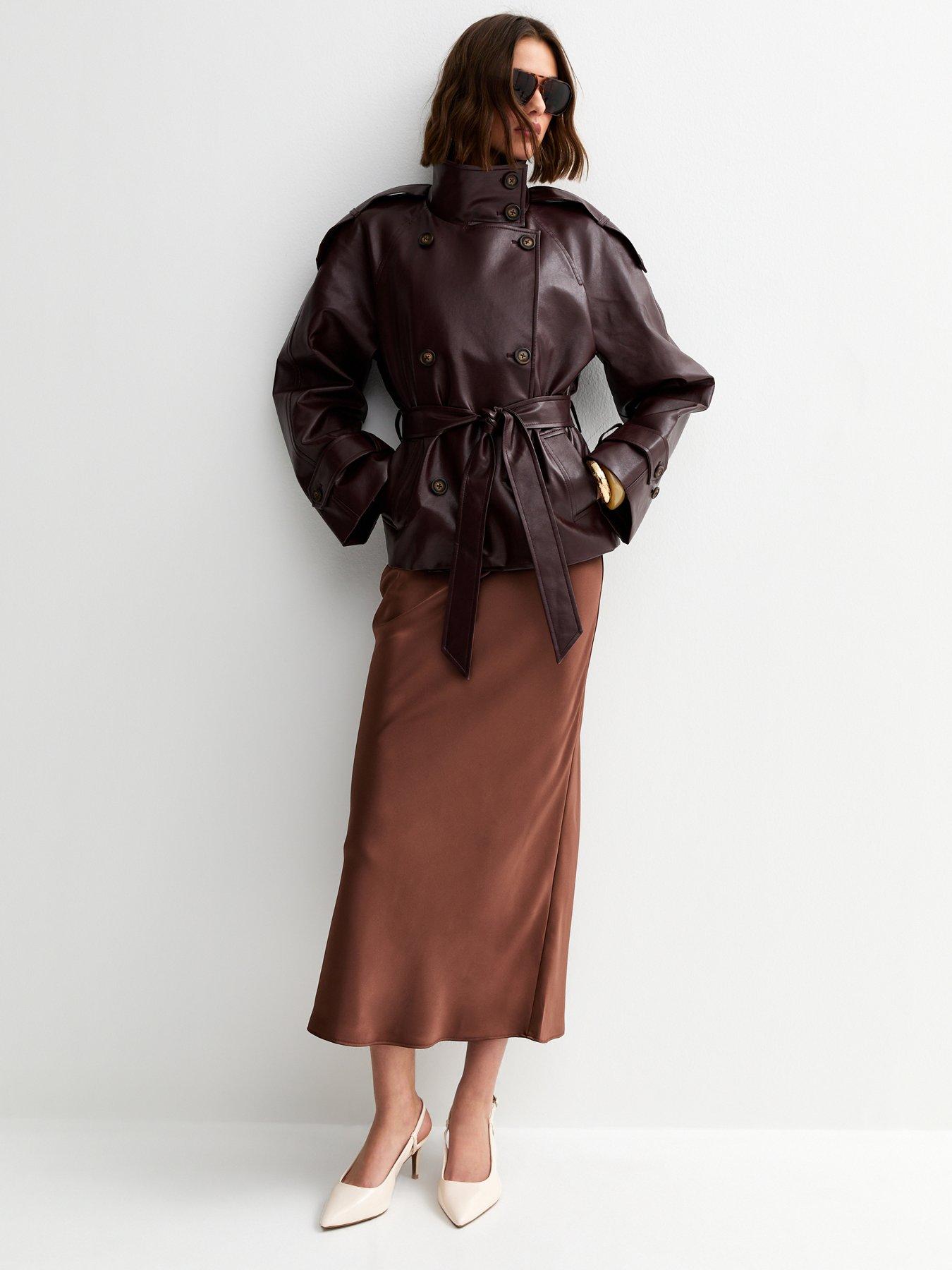 Image 3 of 5 of New Look Dark Brown Satin Bias Cut Midi Skirt