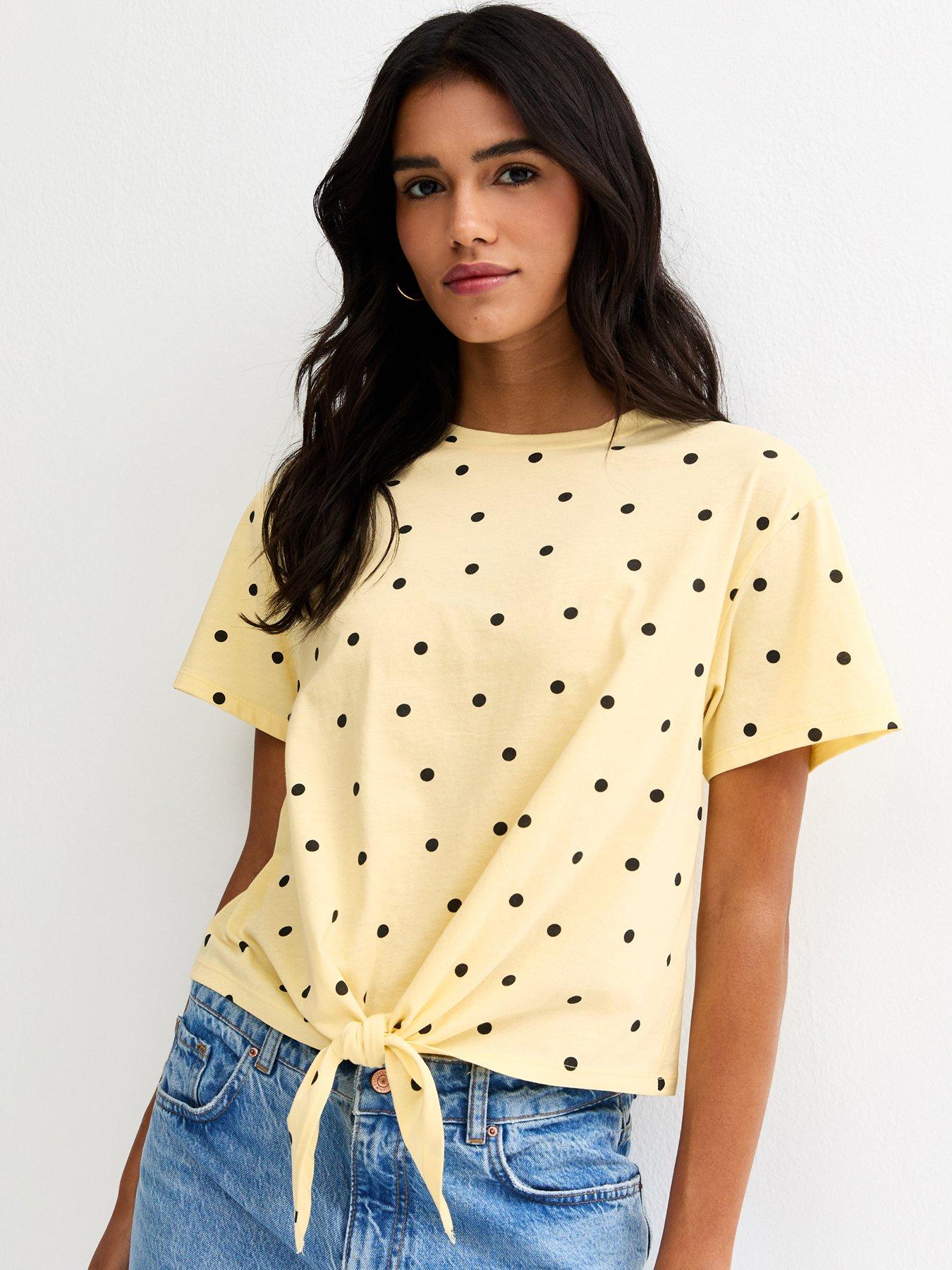 New Look Yellow Polka Dot Tie Front Top
