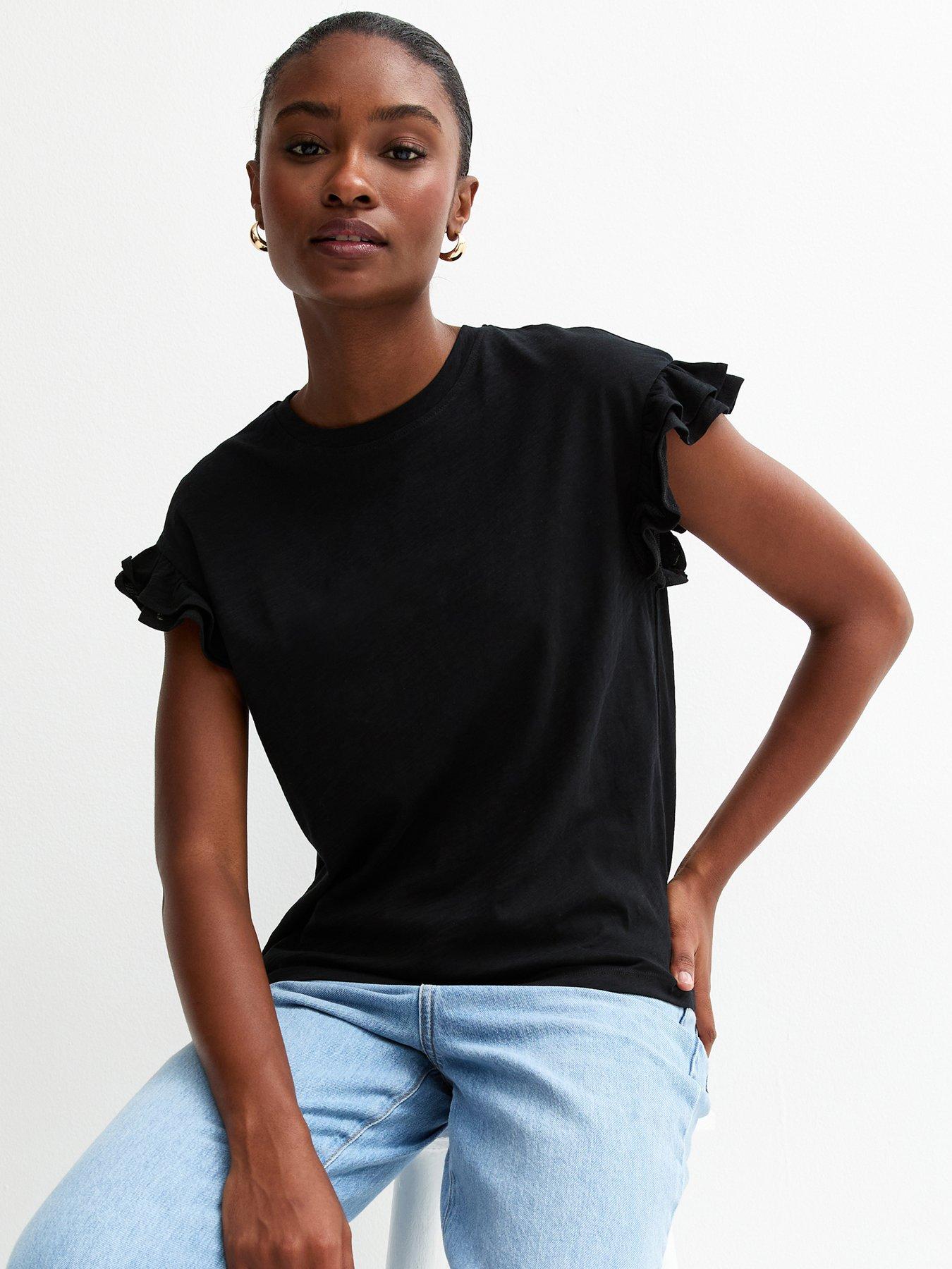 New Look Black Cotton Slub Frill Sleeve T-shirt