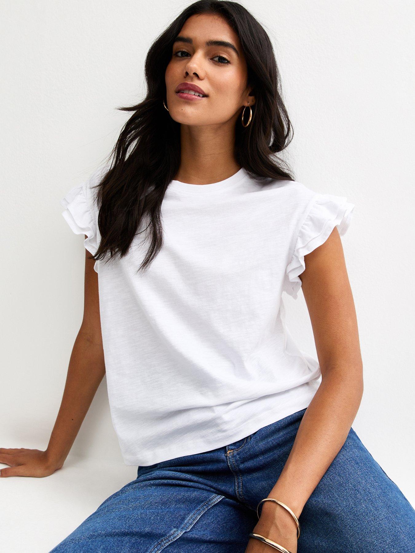 New Look Cotton Slub Frill Sleeve T-Shirt - White