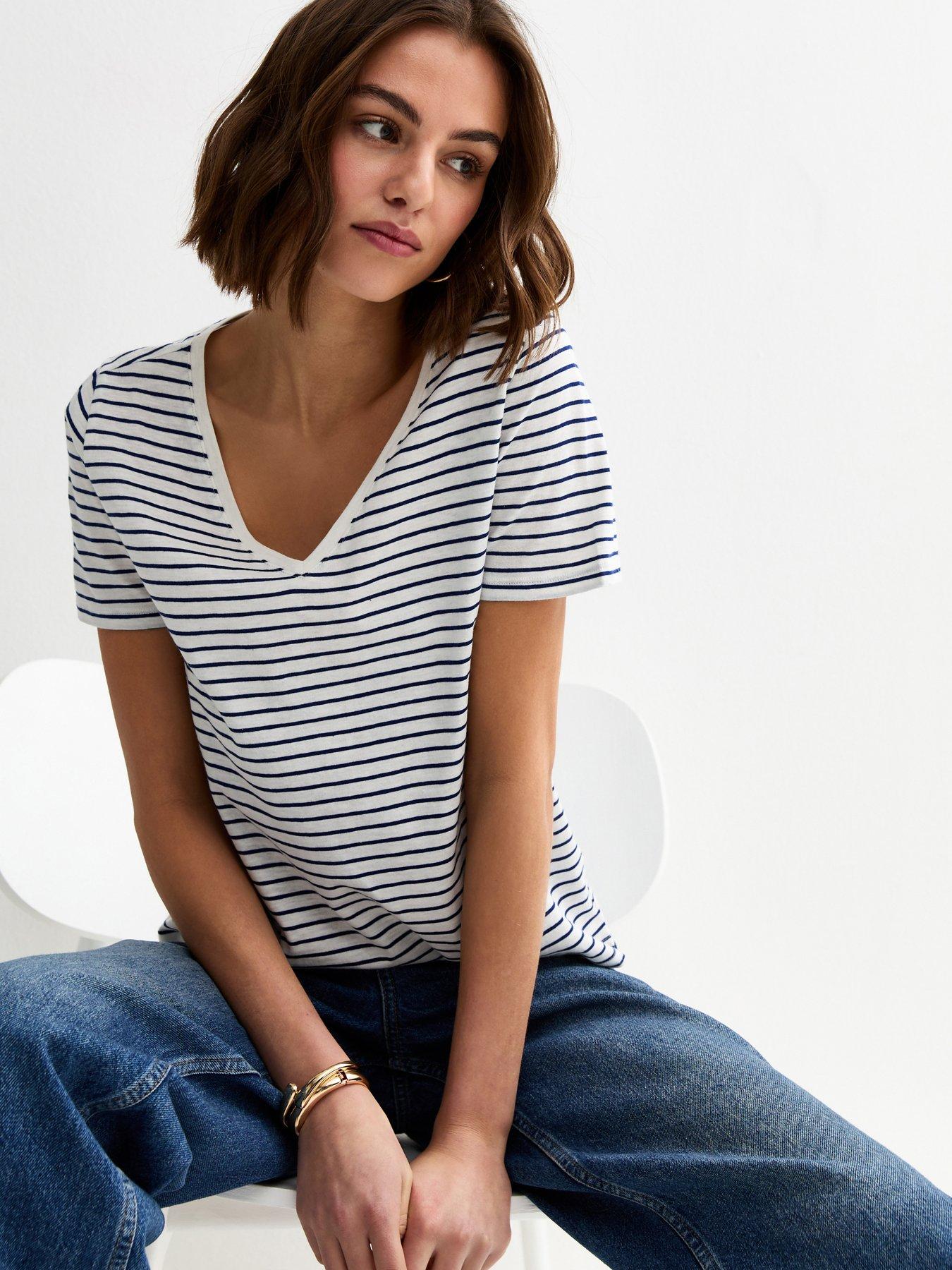 Image 1 of 4 of New Look Striped V Neck T-Shirt - Cream