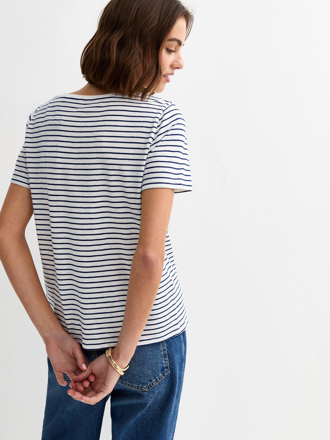 Image 2 of 4 of New Look Striped V Neck T-Shirt - Cream