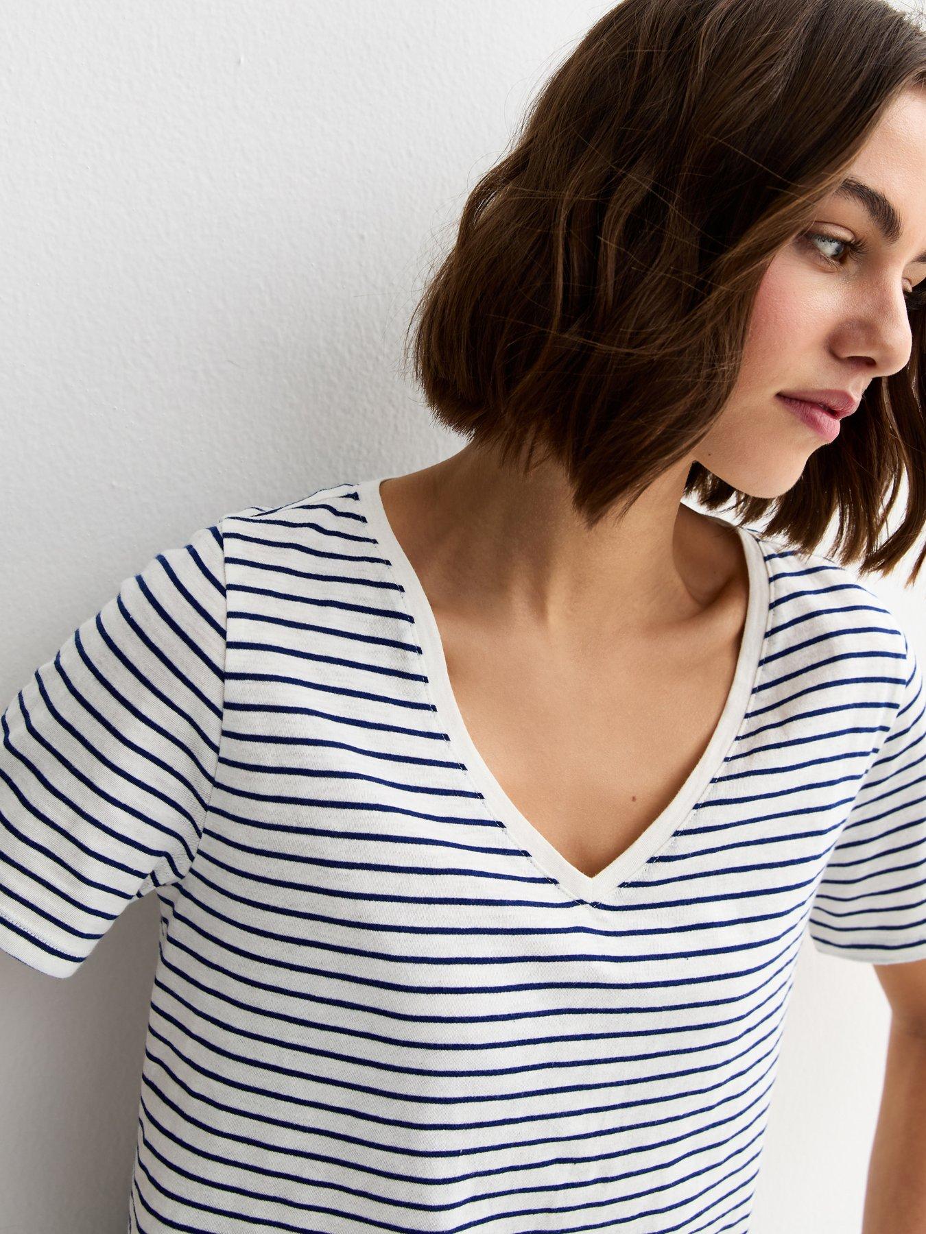 Image 4 of 4 of New Look Striped V Neck T-Shirt - Cream