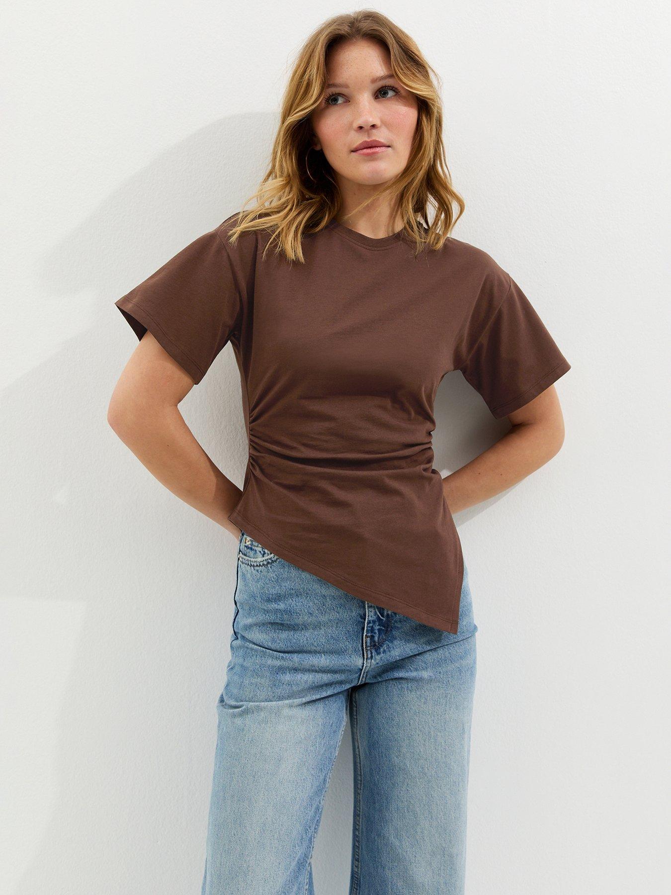 New Look Asymmetric Split Hem Corset T-Shirt - Dark Brown
