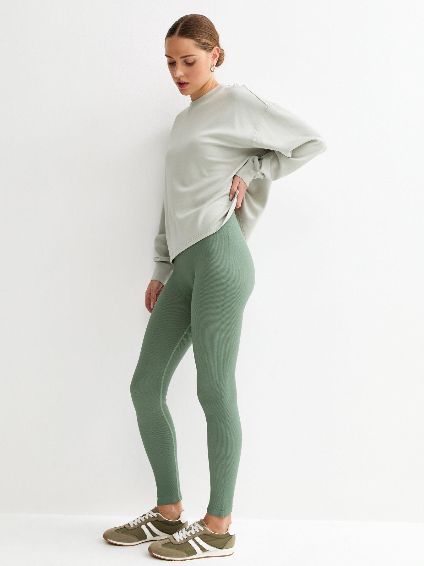 Image 1 of 5 of New Look Seamless Ribbed Jersey Leggings - Light Green