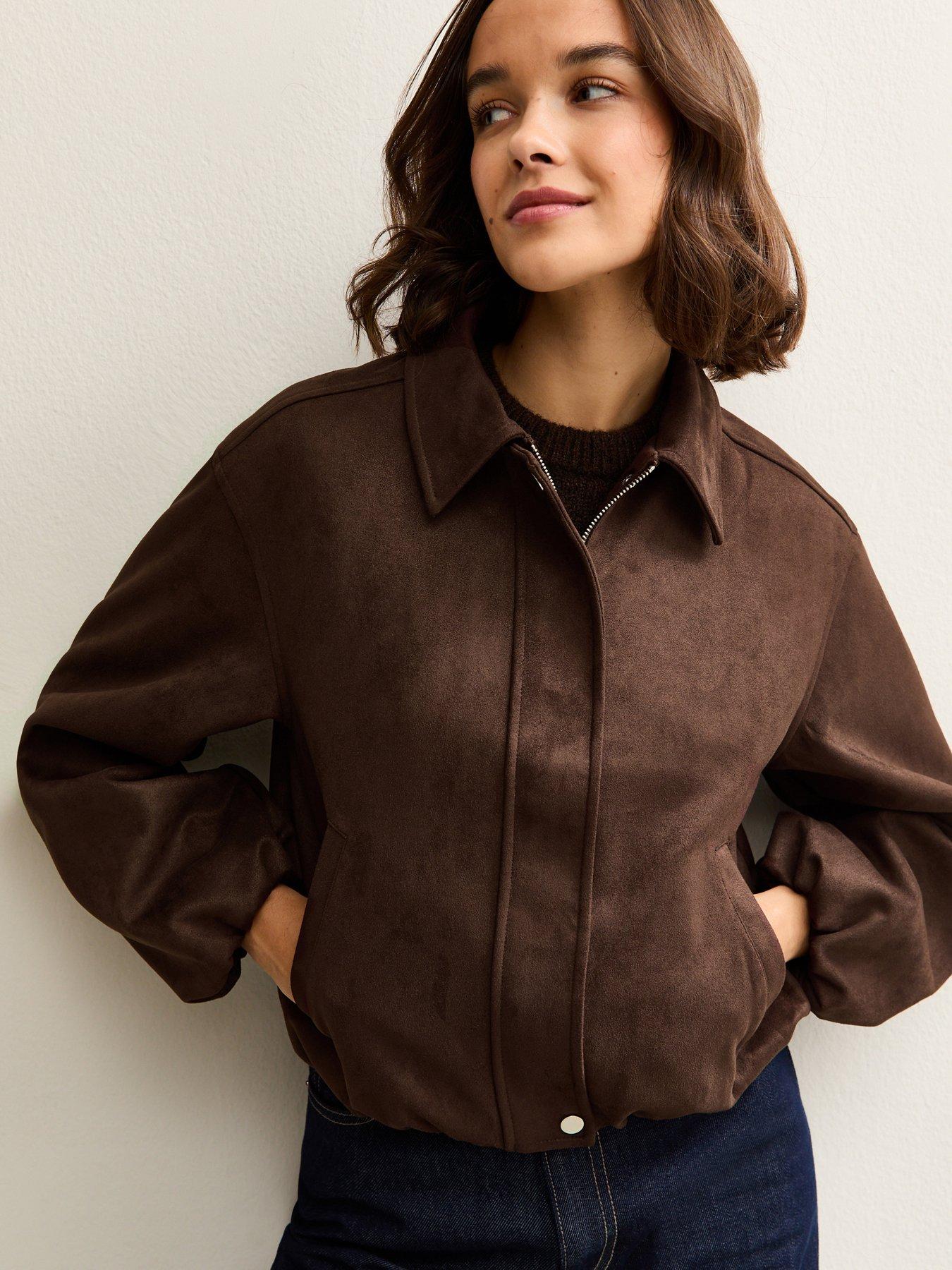 New Look Faux Suede Bubble Hem Jacket - Brown