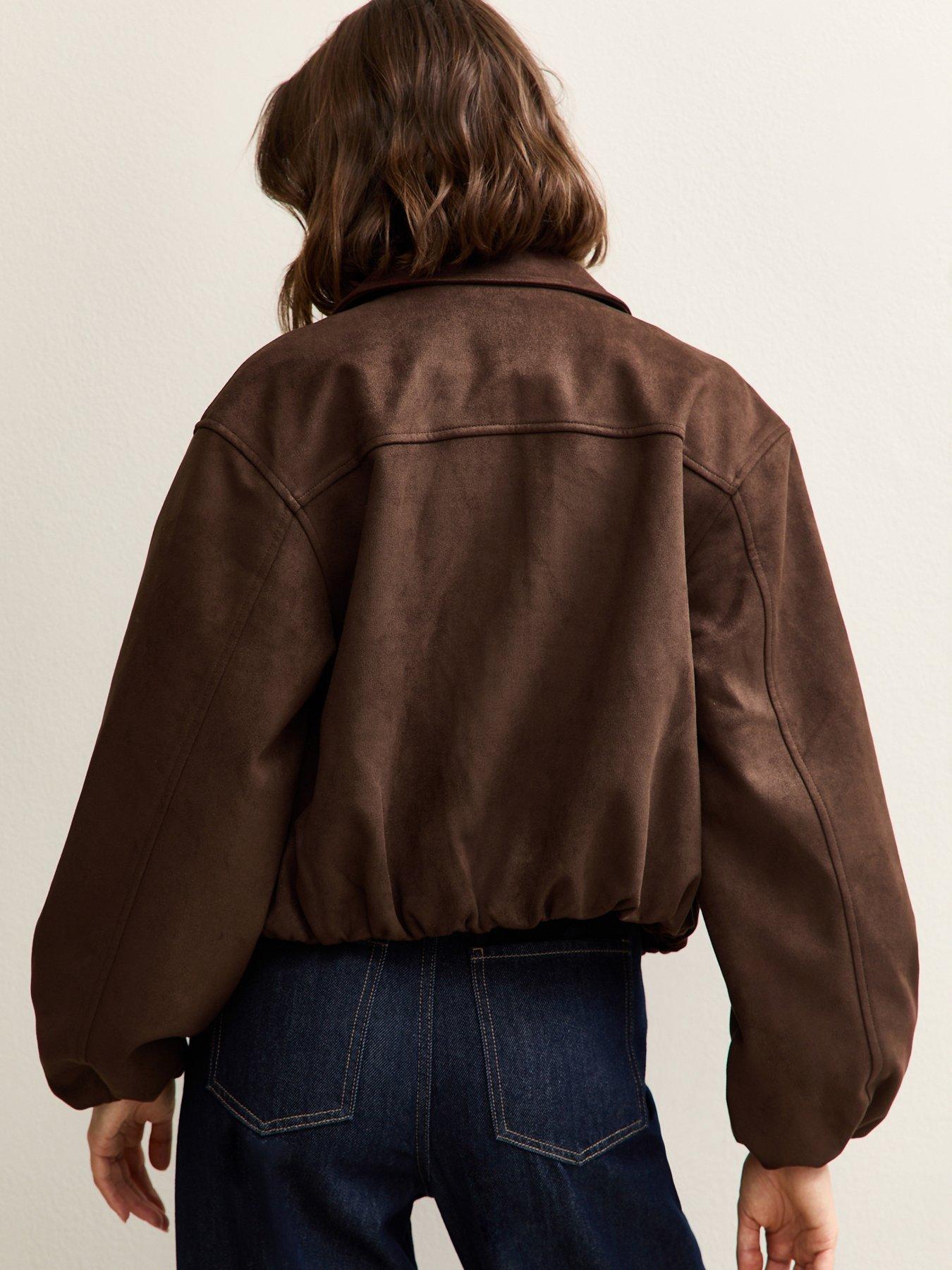 Image 2 of 5 of New Look Faux Suede Bubble Hem Jacket - Brown