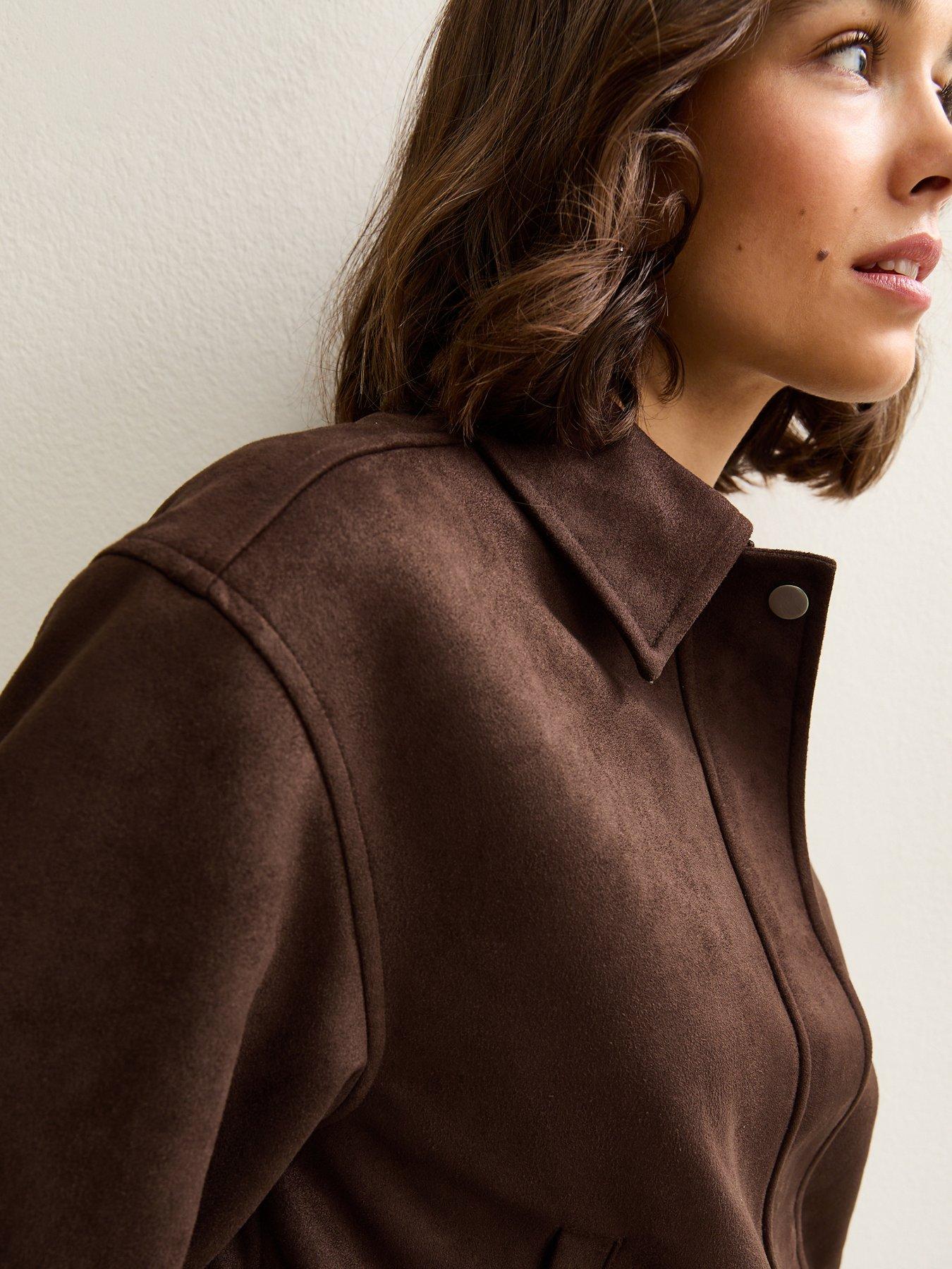 Image 4 of 5 of New Look Faux Suede Bubble Hem Jacket - Brown