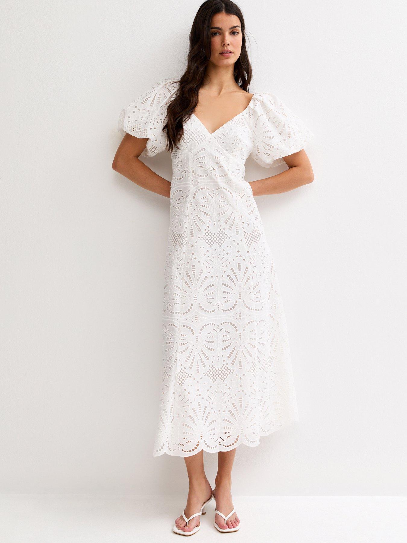 Image 1 of 6 of New Look White Cutwork Tie Back Midi Dress