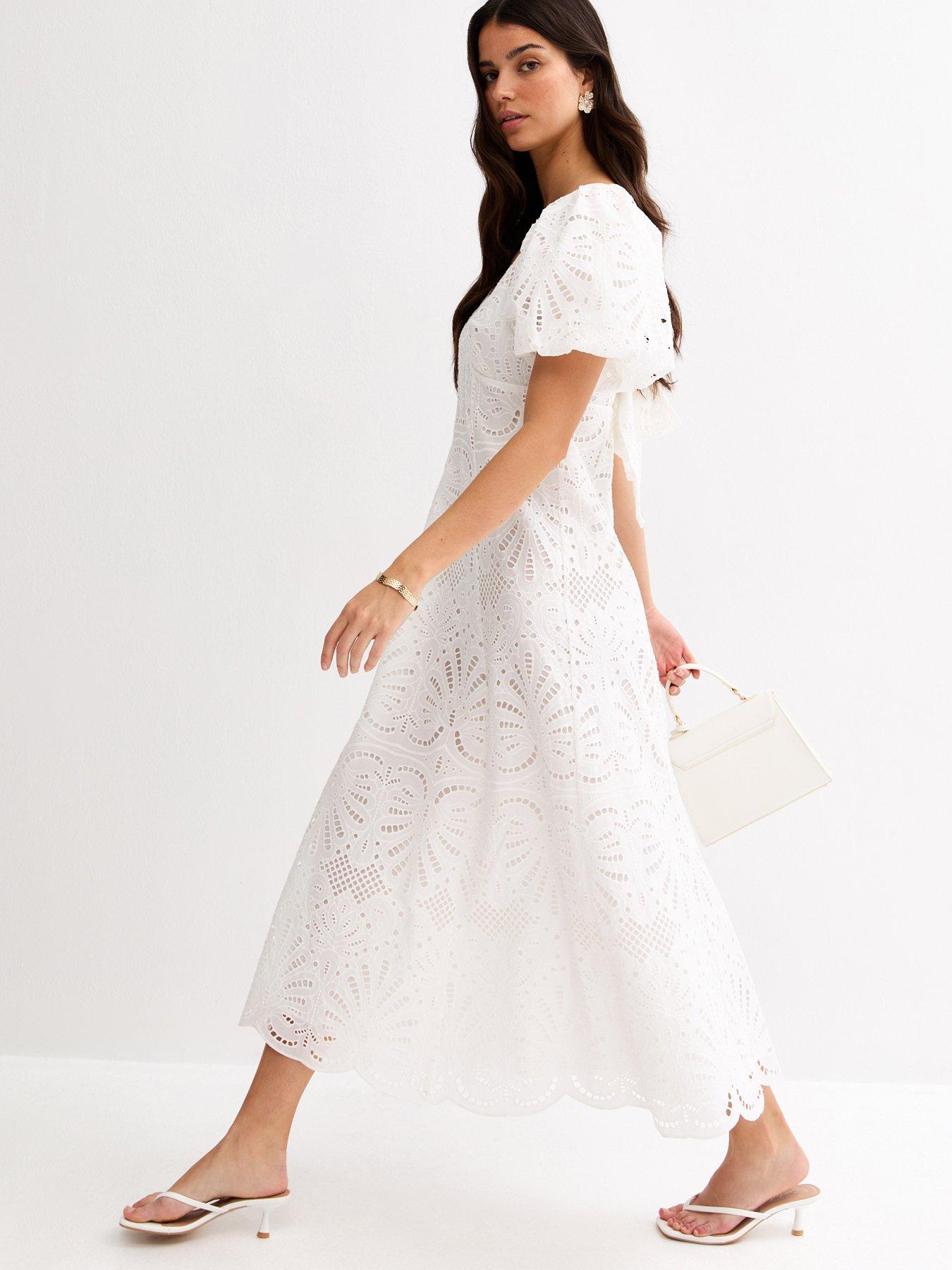 Image 4 of 6 of New Look White Cutwork Tie Back Midi Dress
