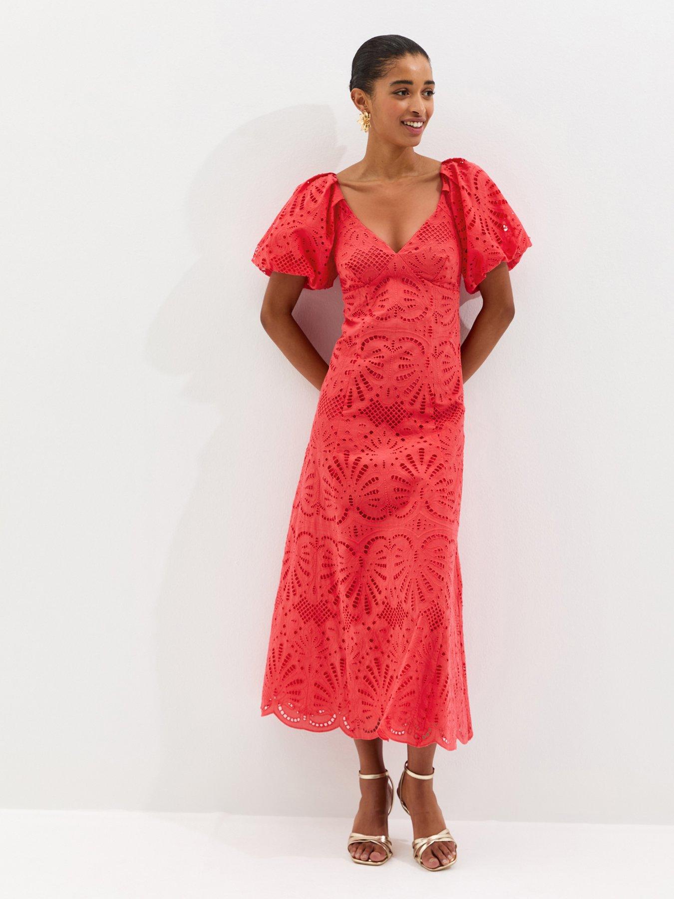 New Look Dark Coral Cutwork Tie Back Midi Dress